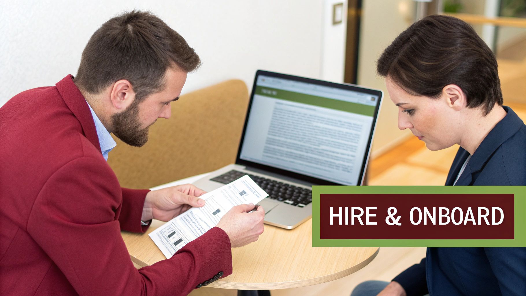 Two business professionals reviewing documents and a laptop, representing the hiring and onboarding process.