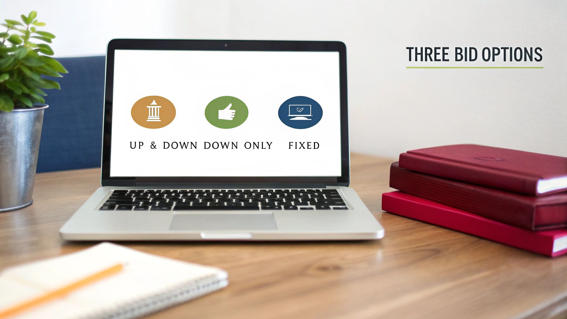 A laptop screen displaying three bid options: Up & Down, Down Only, and Fixed, with corresponding icons.