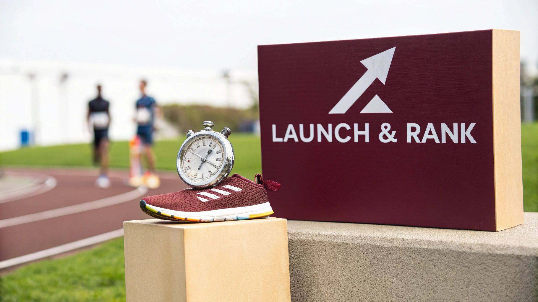 A running shoe, stopwatch, and 'LAUNCH & RANK' sign on a track with blurred runners in background.