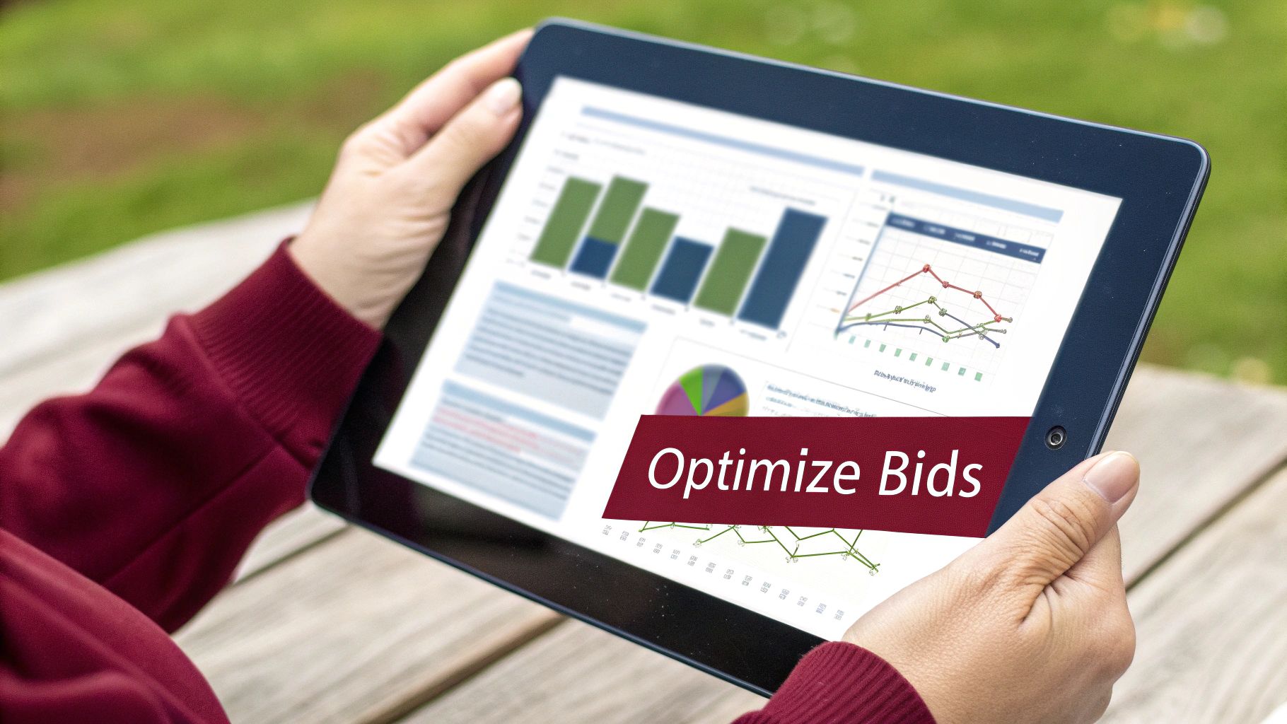 A person holds a tablet displaying data analytics graphs and the text 'Optimize Bids'.