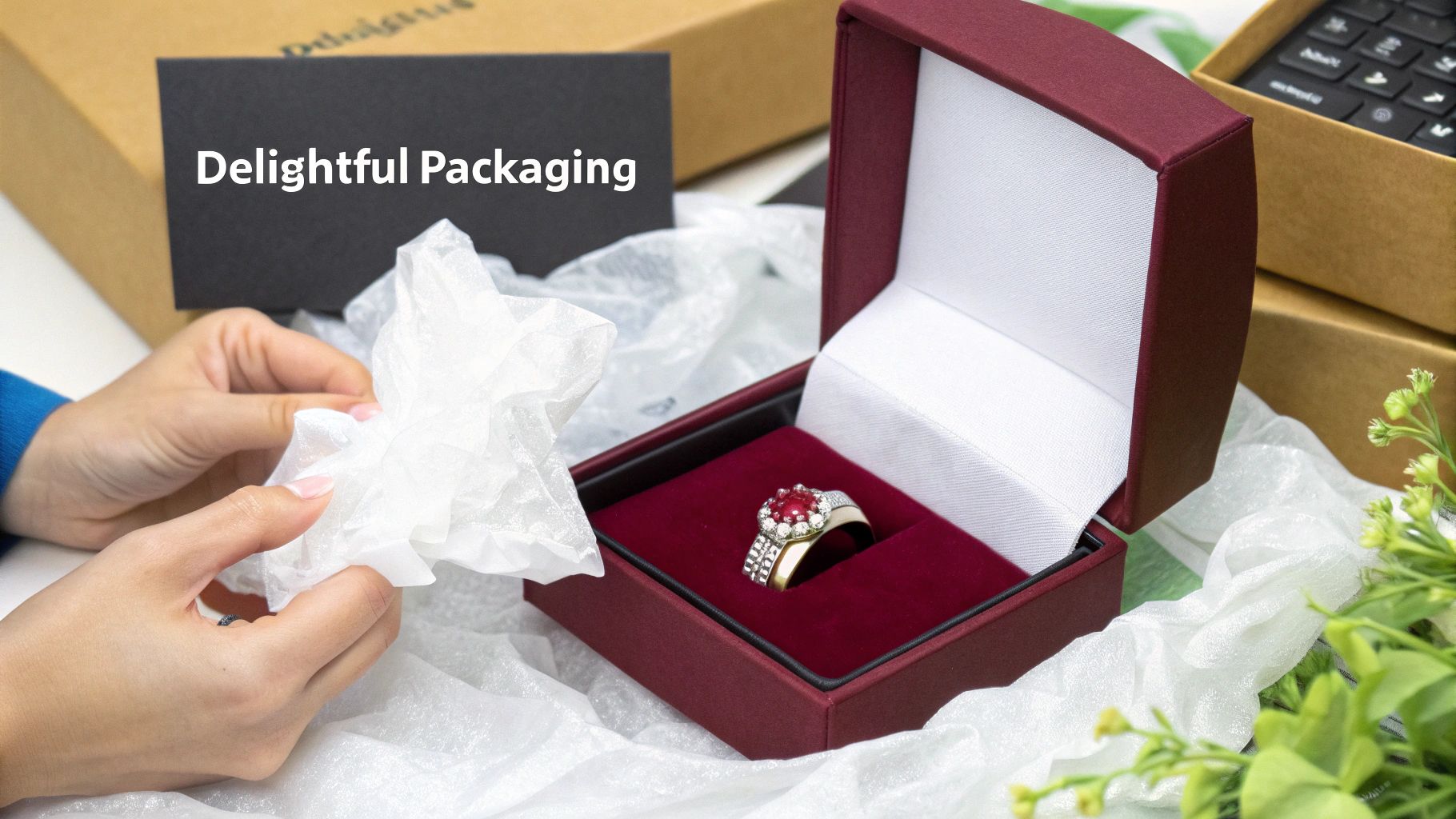 A person's hands carefully wrapping a piece of jewelry in branded packaging with a ribbon.