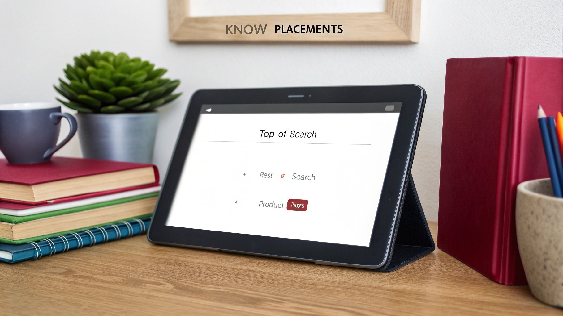 A tablet displays search results with 'Top of Search', 'Rest of Search', and 'Product Pages' options on a desk.