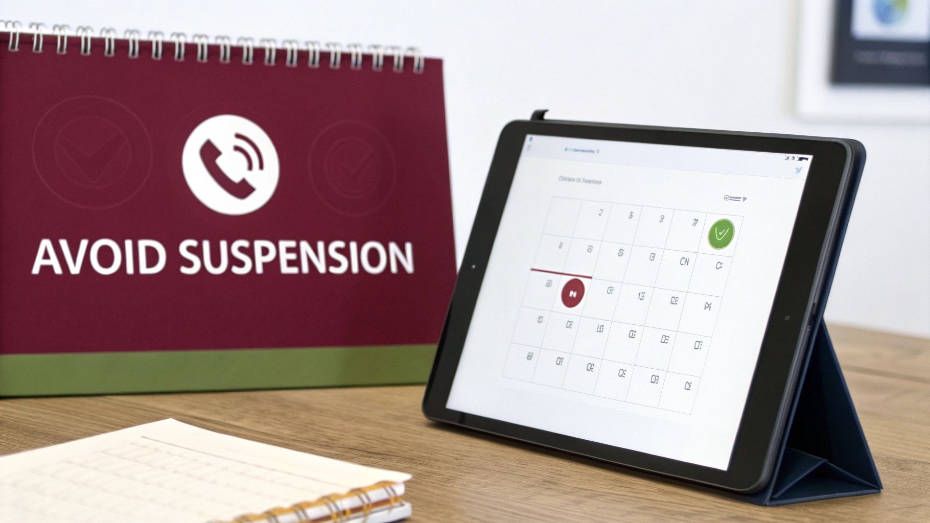A red 'AVOID SUSPENSION' notebook next to a tablet displaying a calendar with marked dates.