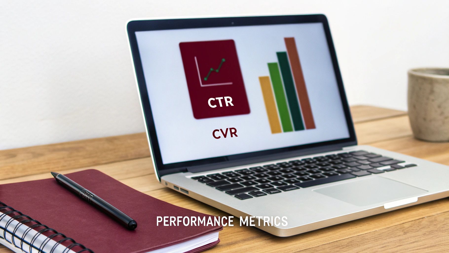 A laptop screen displays marketing performance metrics, CTR and CVR, next to a notebook and pen.
