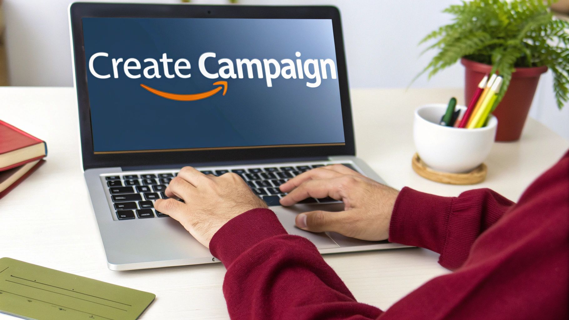 Person typing on a laptop with 'Create Campaign' and Amazon logo on screen, on a desk with books and plant.