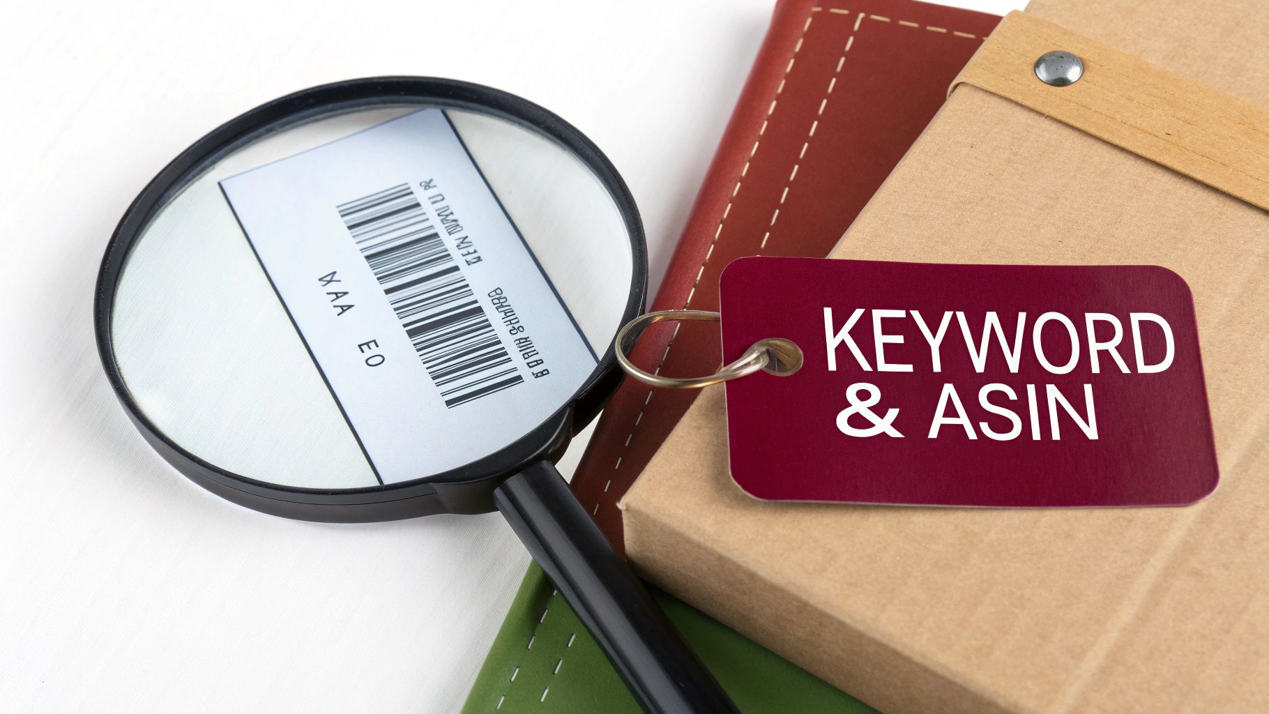 A magnifying glass inspecting a barcode on white paper, next to a red tag with 'KEYWORD & ASIN' text.
