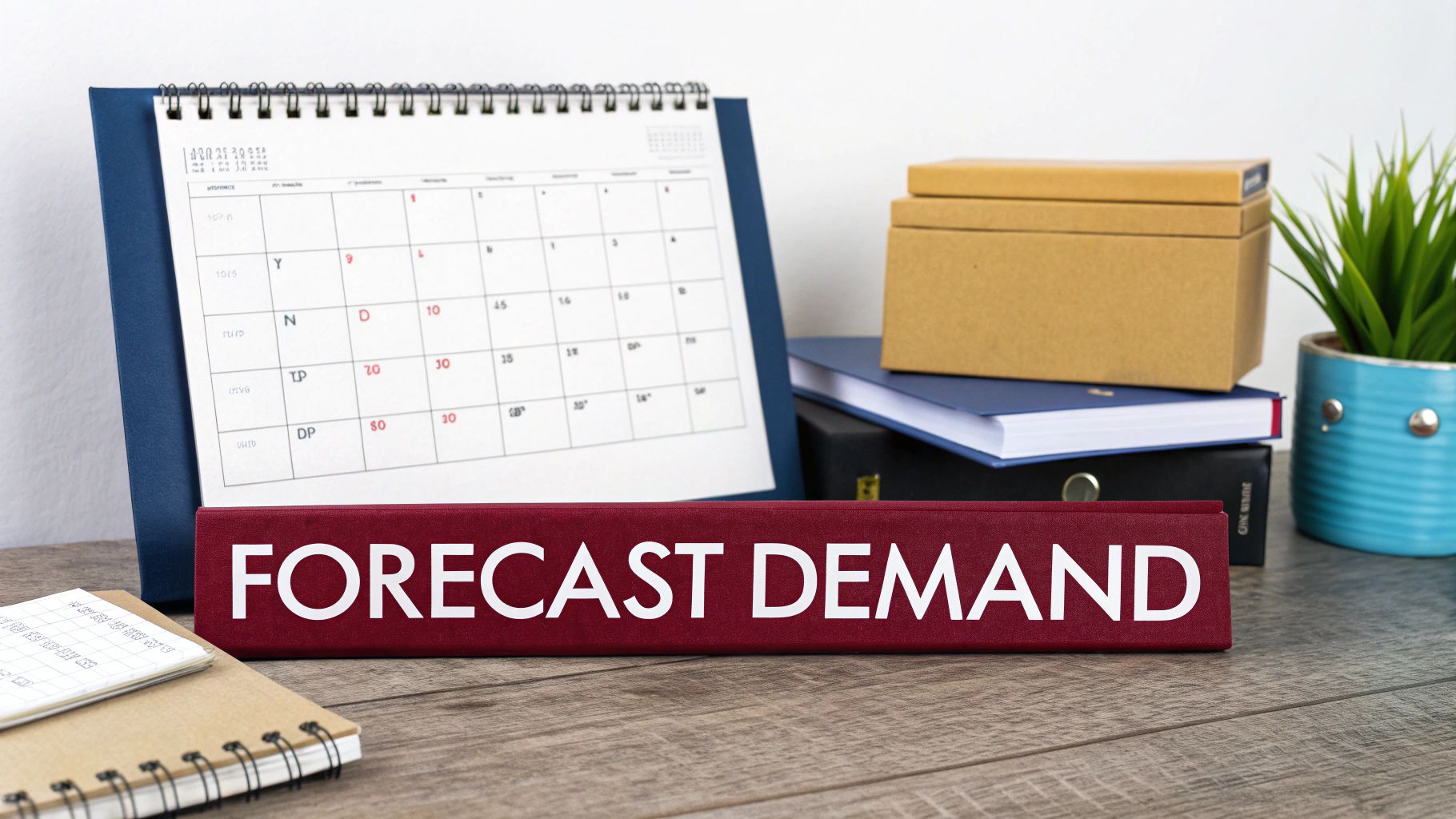 A desk with a calendar, books, a plant, and a prominent red sign saying 'FORECAST DEMAND'.