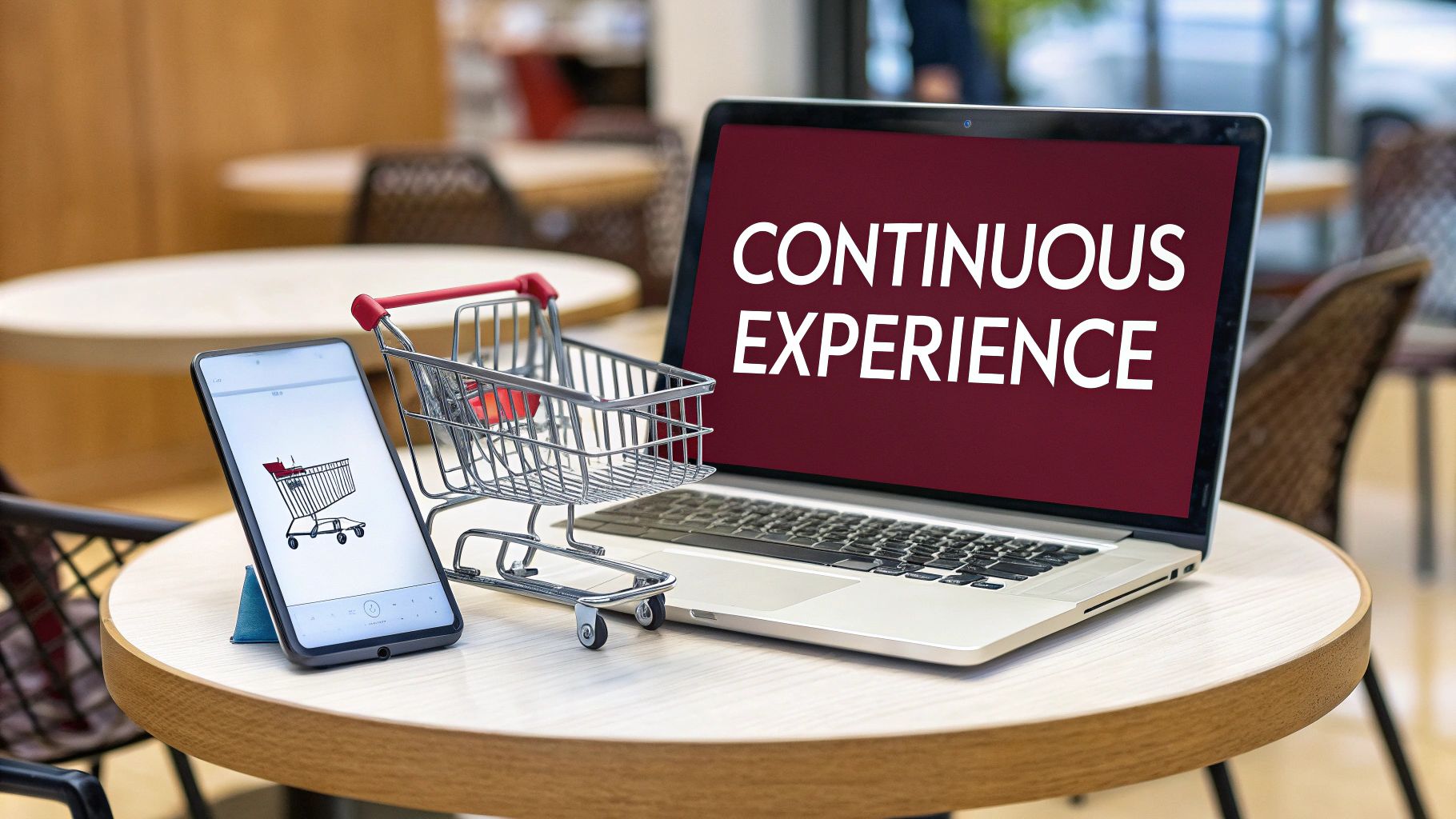 An illustration showing various connected sales channels like mobile, desktop, and physical stores, symbolizing omnichannel ecommerce