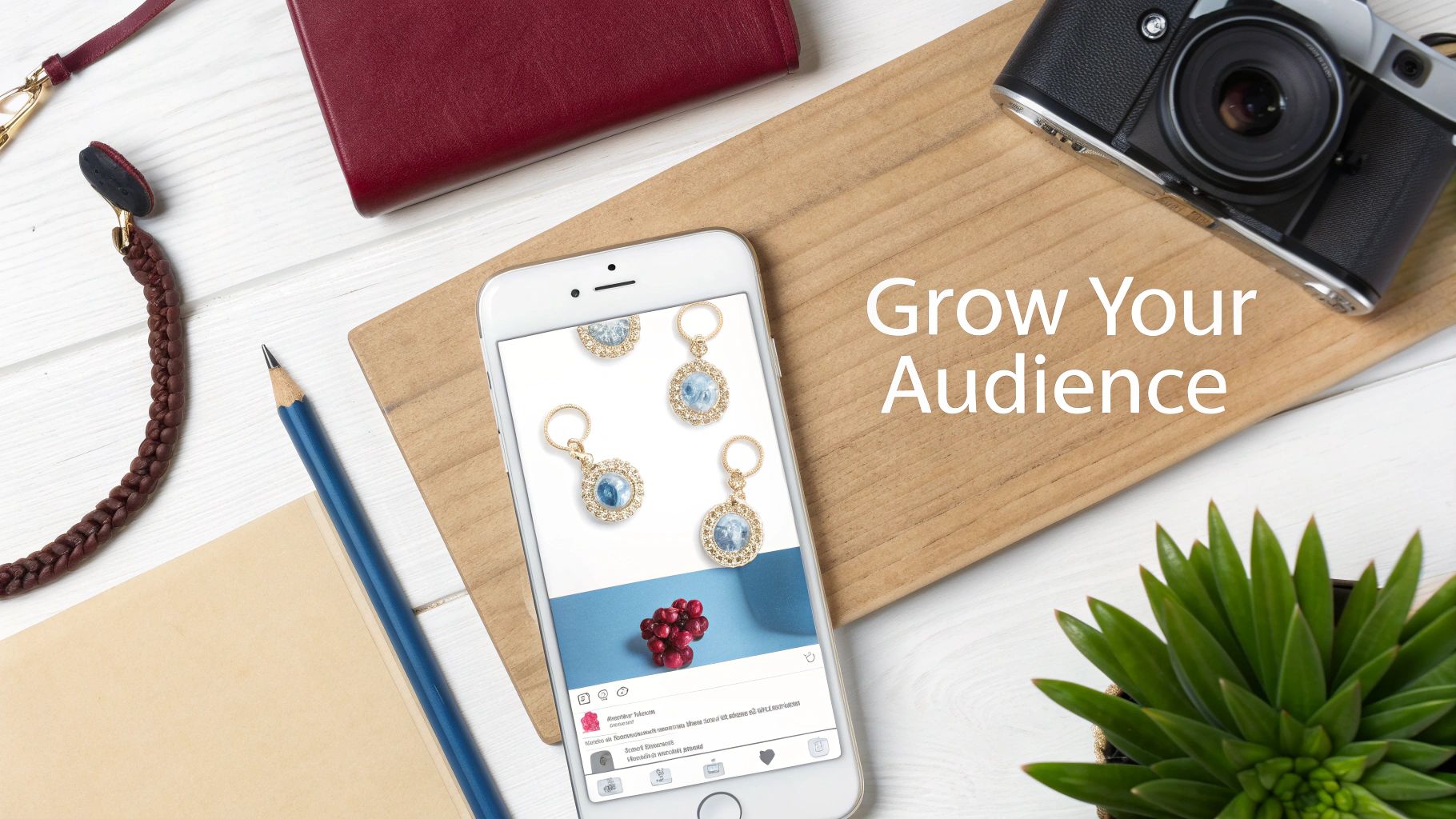 A smartphone displaying a jewelry brand's Instagram profile, showing high-quality photos and engaging content.