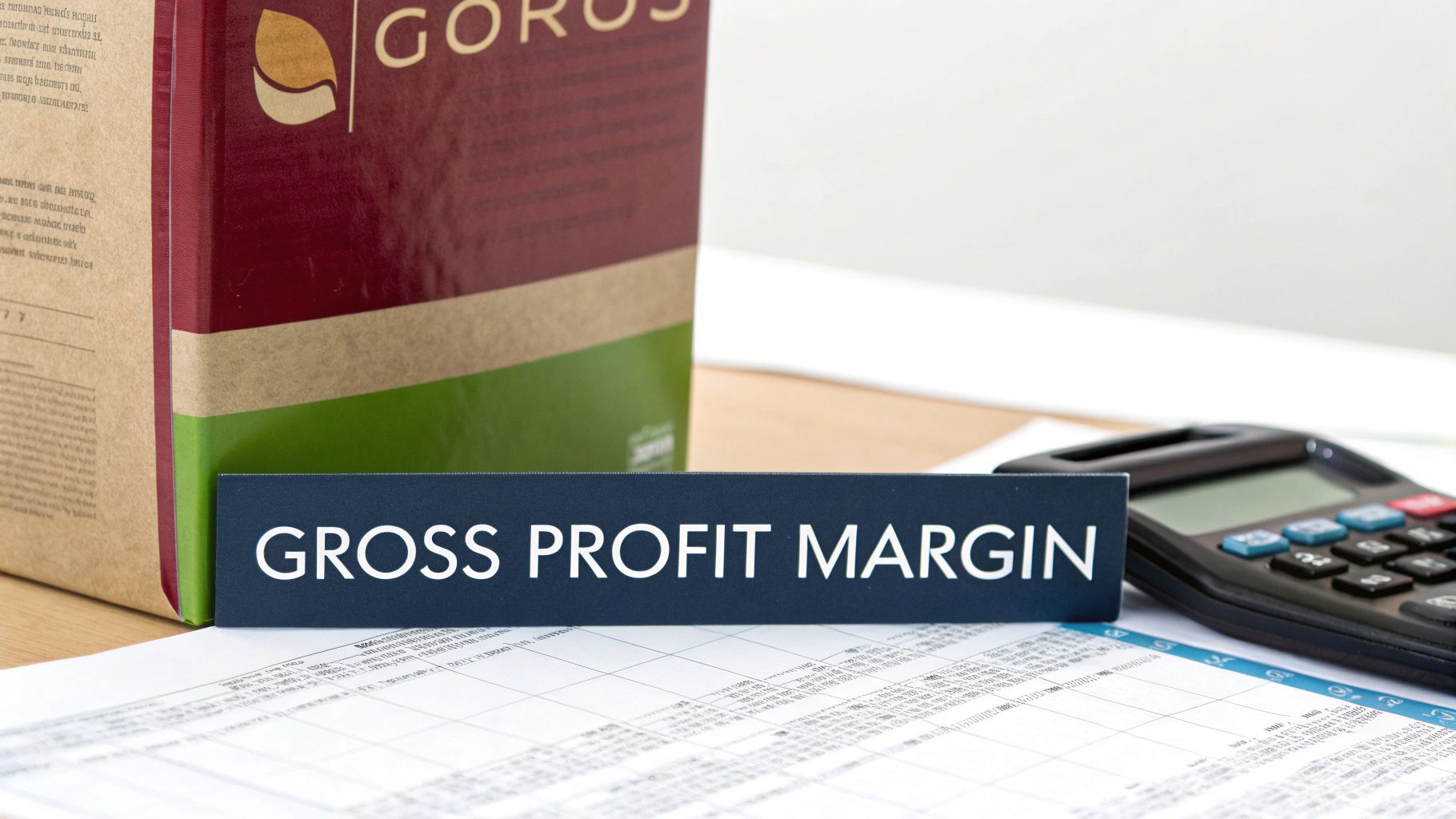 A blue sign reading "GROSS PROFIT MARGIN" on a desk with a calculator and financial documents.