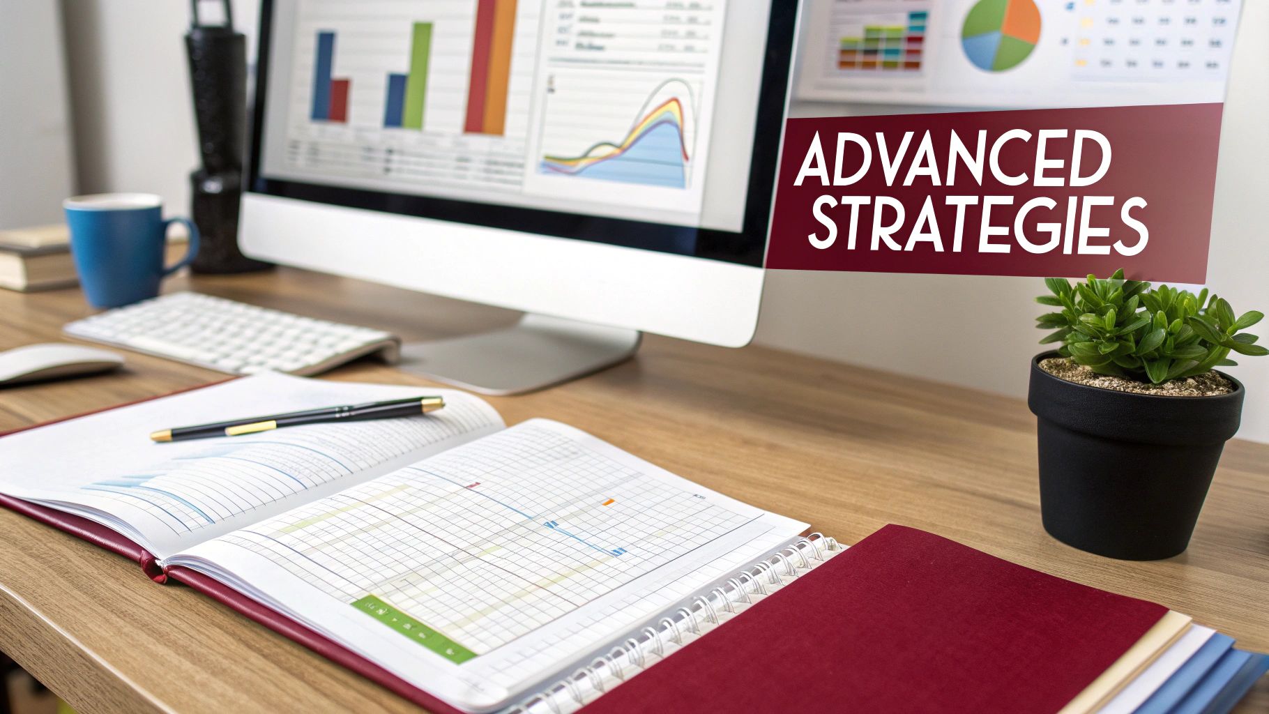 A desk setup with a computer showing advanced strategies and financial charts, an open notebook, pen, and coffee.