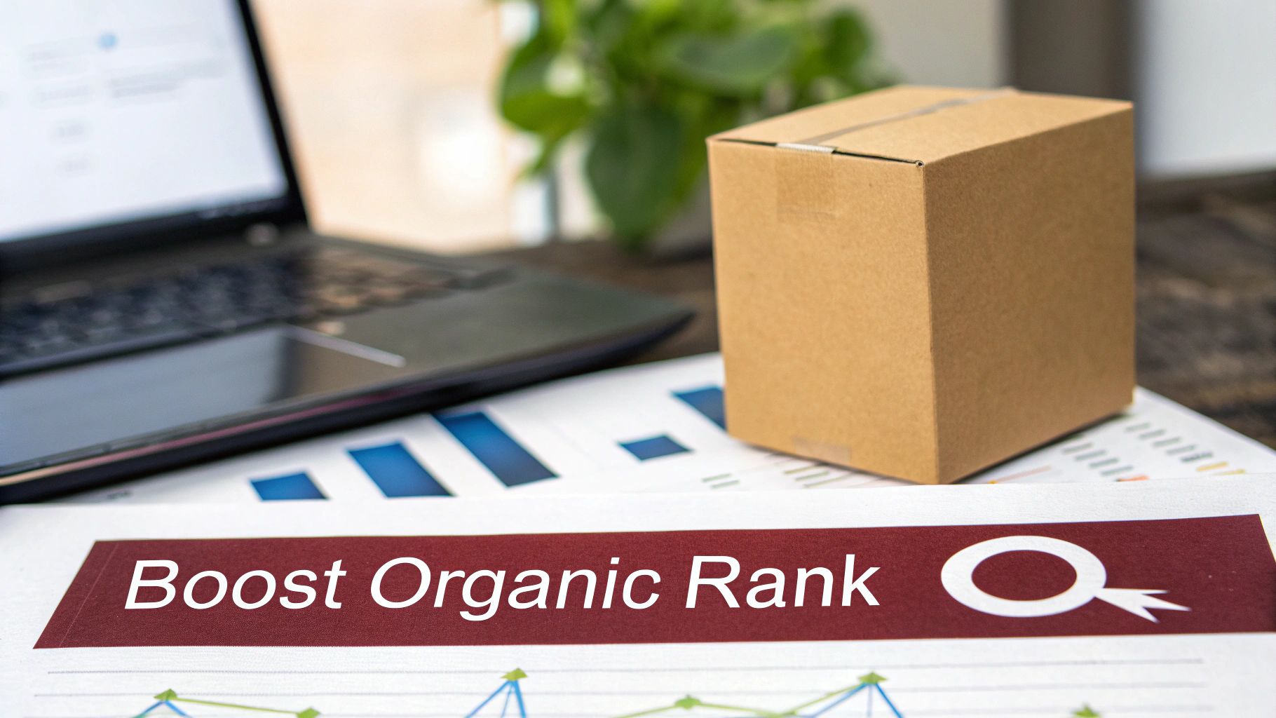 A laptop, a small cardboard box, and a document displaying 'Boost Organic Rank' with charts, suggesting SEO strategy.