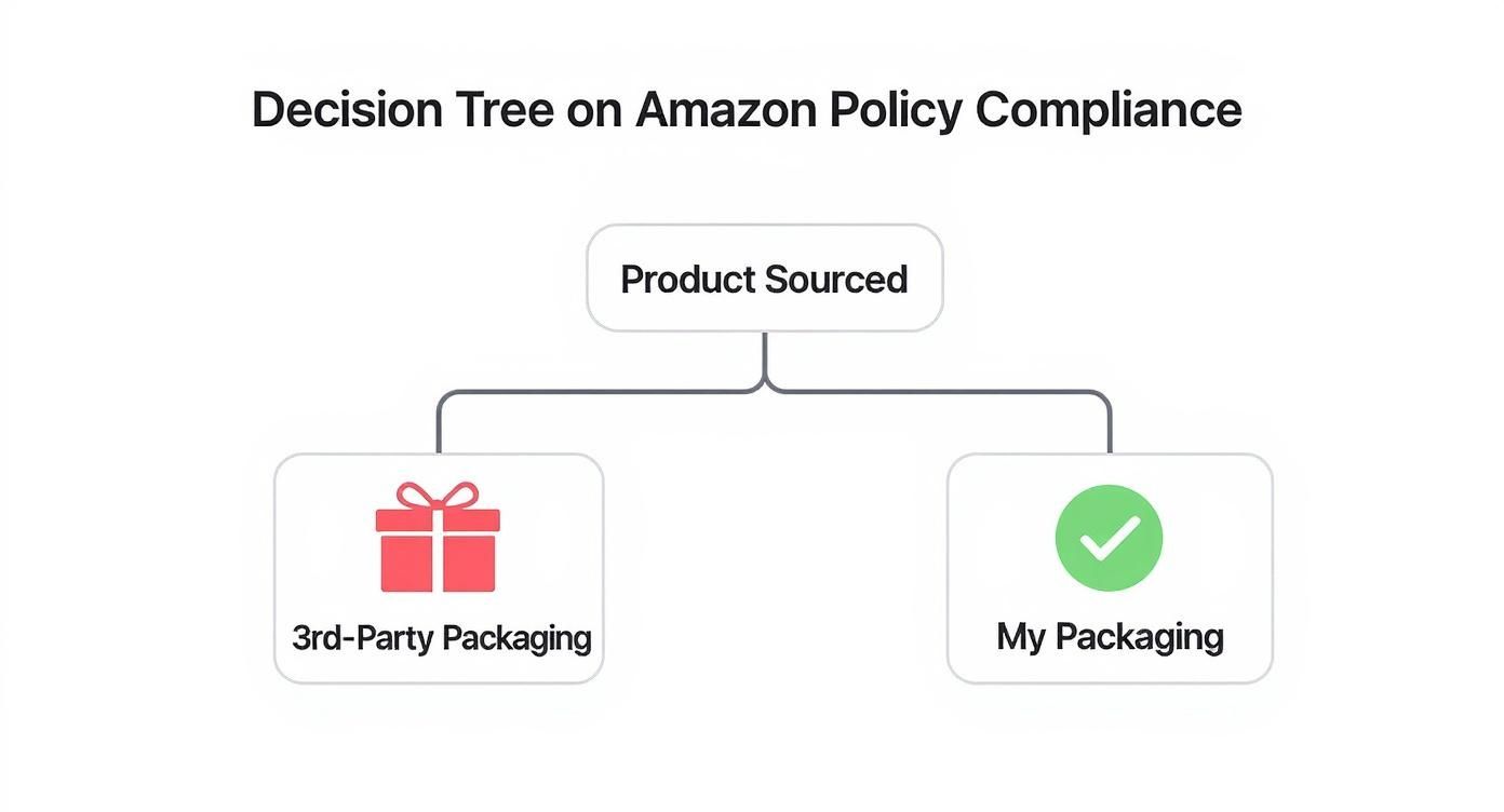An infographic decision tree shows that products sourced for Amazon dropshipping must use the seller's own packaging to be policy-compliant, not third-party packaging from the supplier.