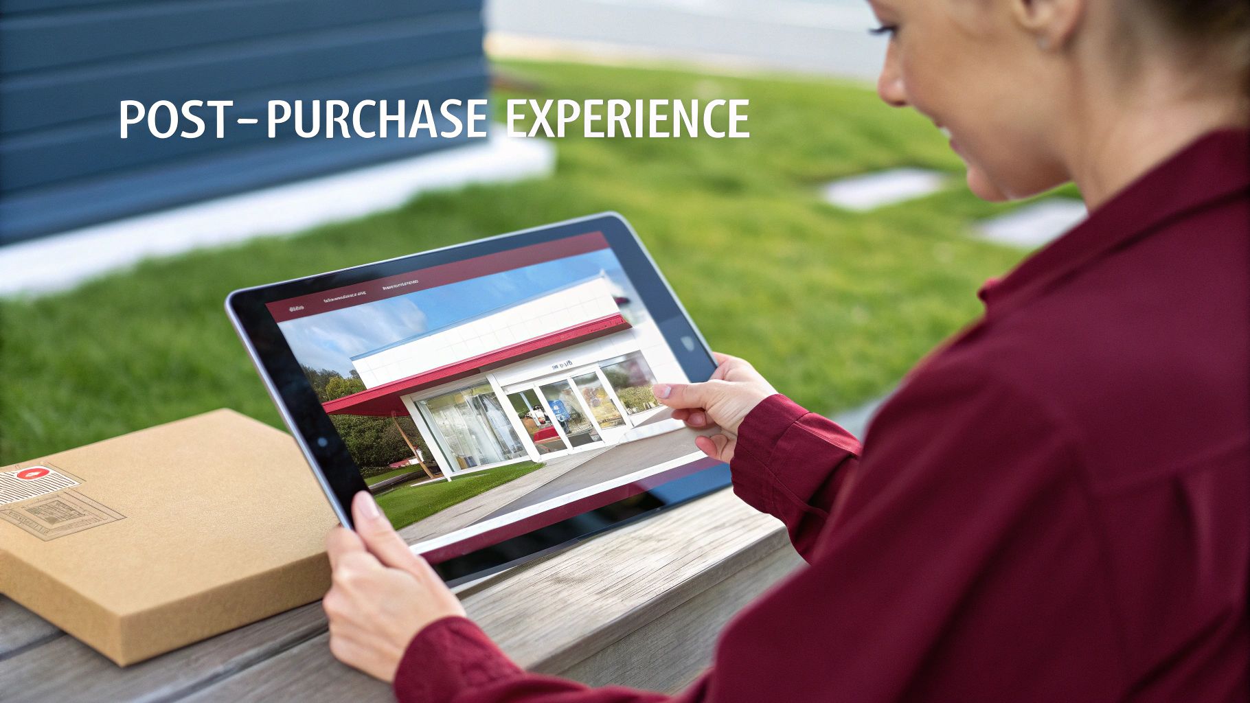 Woman viewing a building on a tablet, with a delivery package nearby, representing post-purchase experience.
