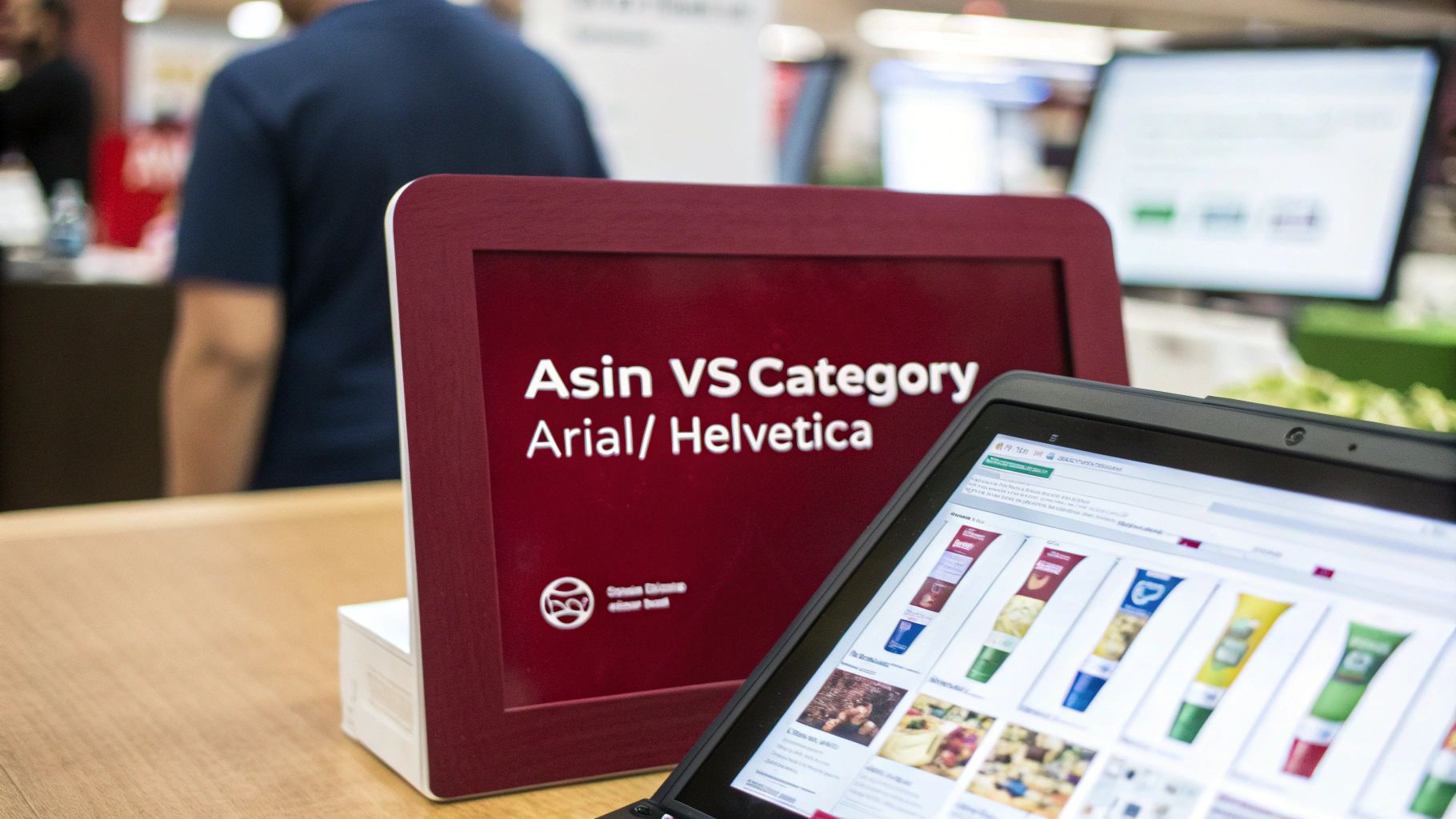 A red digital display showing 'Asin VS Category' next to a laptop displaying product images.