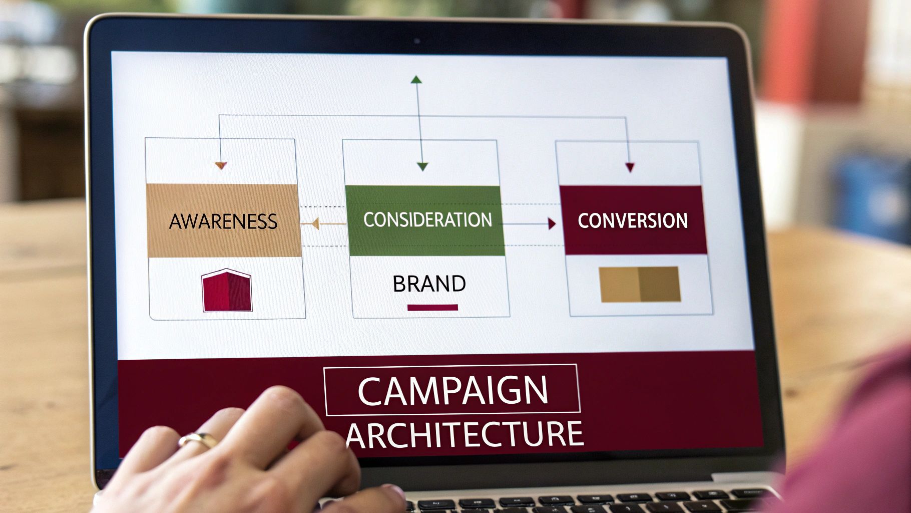 A laptop screen displays a marketing campaign architecture diagram outlining awareness, consideration, and conversion stages.
