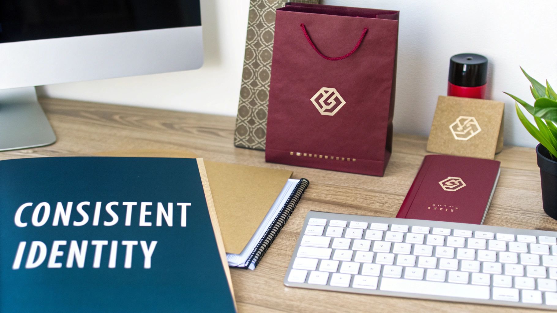 A desk with branding materials including color palettes, logos, and a laptop, showing a cohesive brand identity.