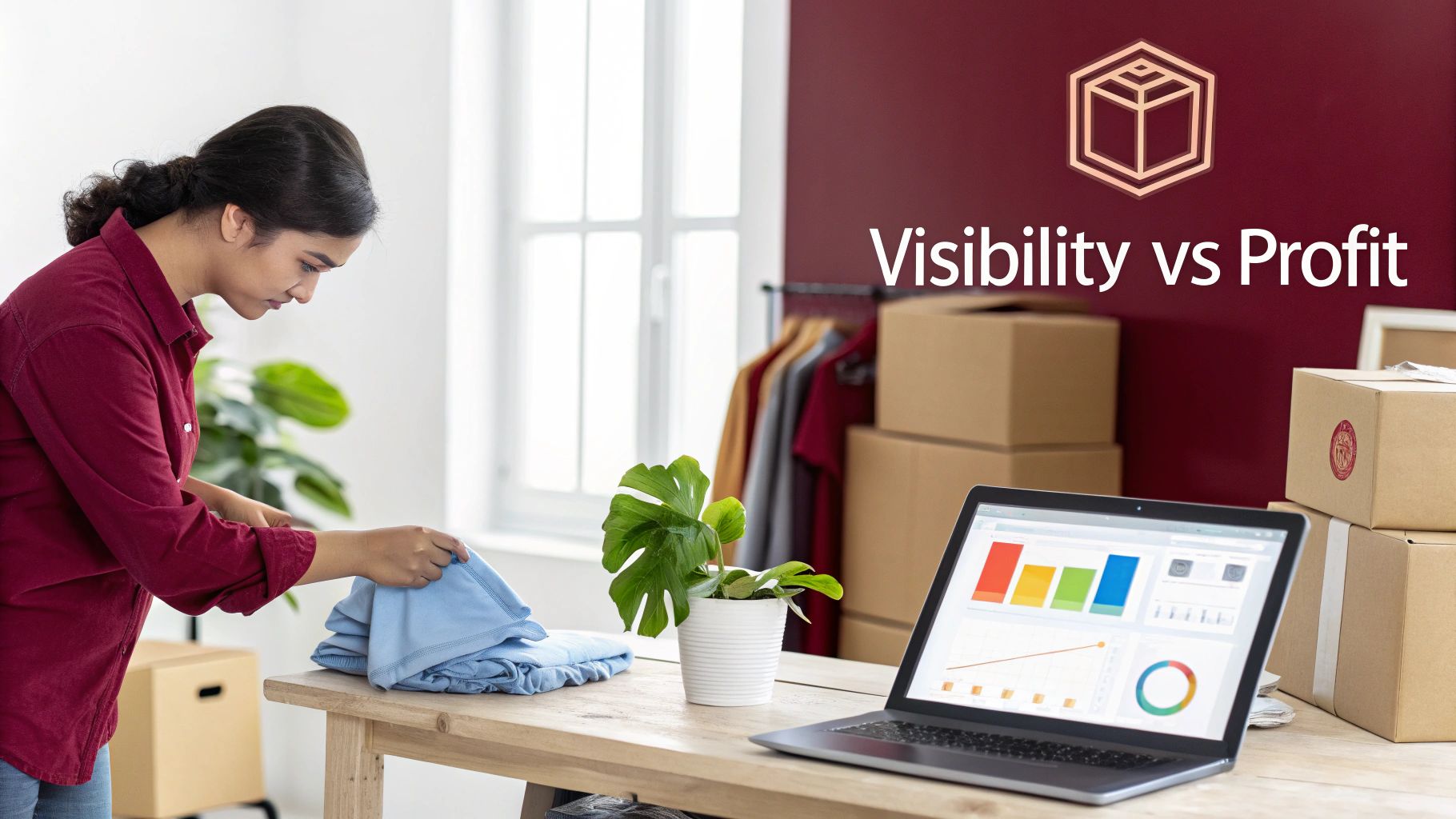 Woman folding clothes next to a laptop displaying business charts, surrounded by shipping boxes, with 'Visibility vs Profit' text.