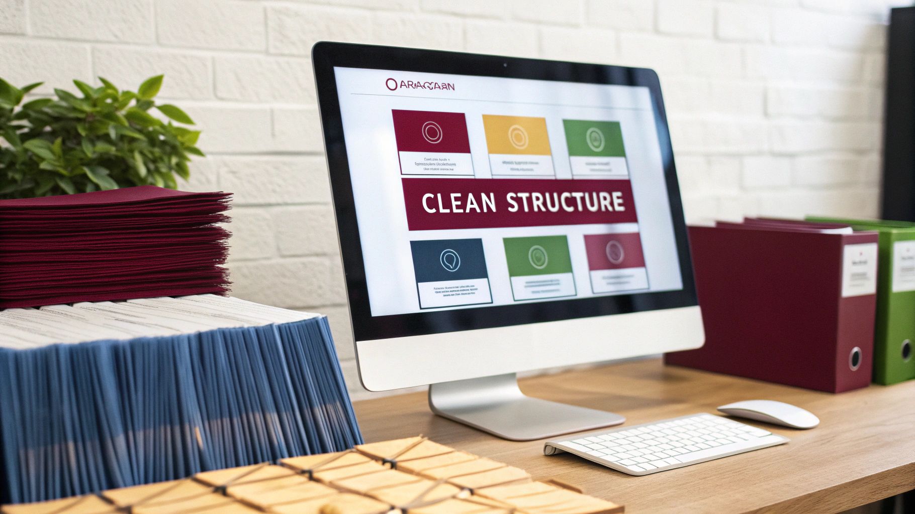 A clean office desk with a computer displaying a business presentation, stacked files, and binders.