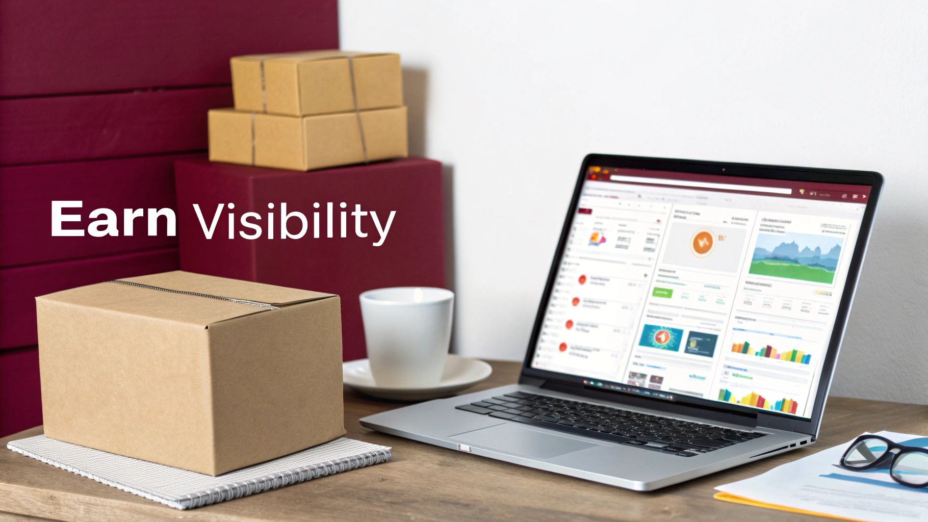 Laptop displaying a business dashboard, surrounded by shipping boxes, a coffee cup, and text 'Earn Visibility'.