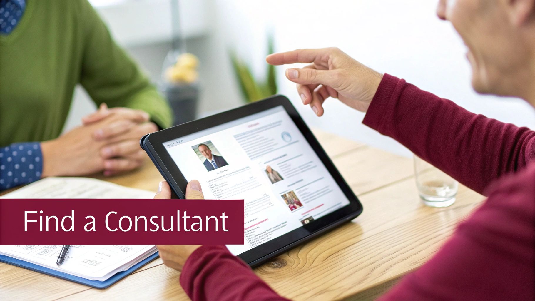 A person reviews consultant profiles on a tablet, pointing to the screen, with another person sitting opposite.