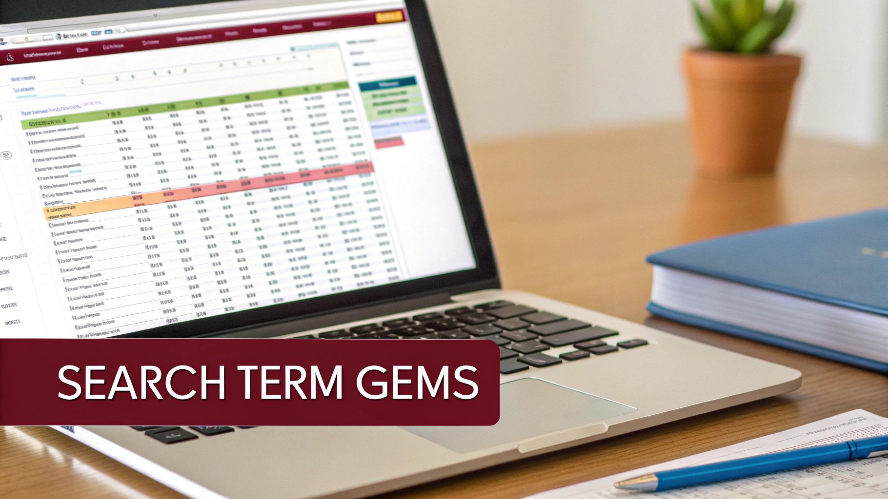 A laptop displaying a spreadsheet with data, a blue notebook, pen, and a plant on a desk. A banner reads "SEARCH TERM GEMS."