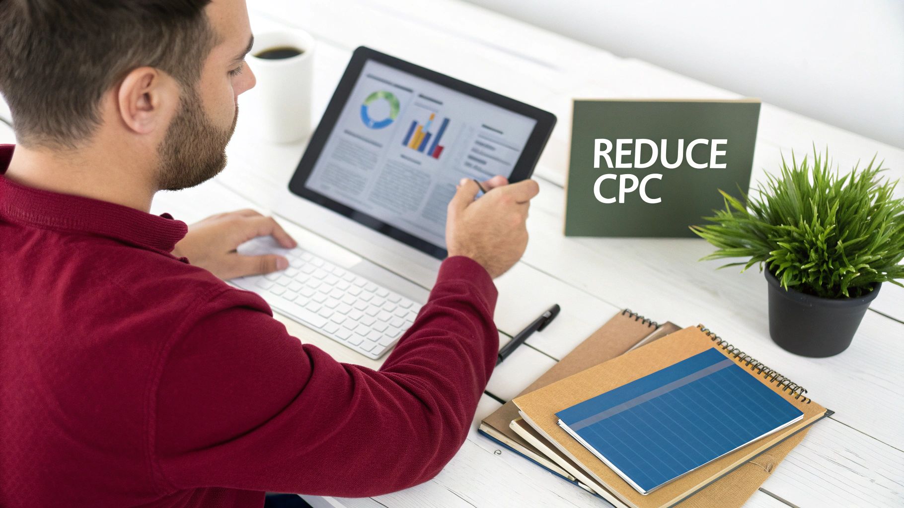 Man analyzing data on a tablet with 'REDUCE CPC' sign, keyboard, and coffee on a white desk.