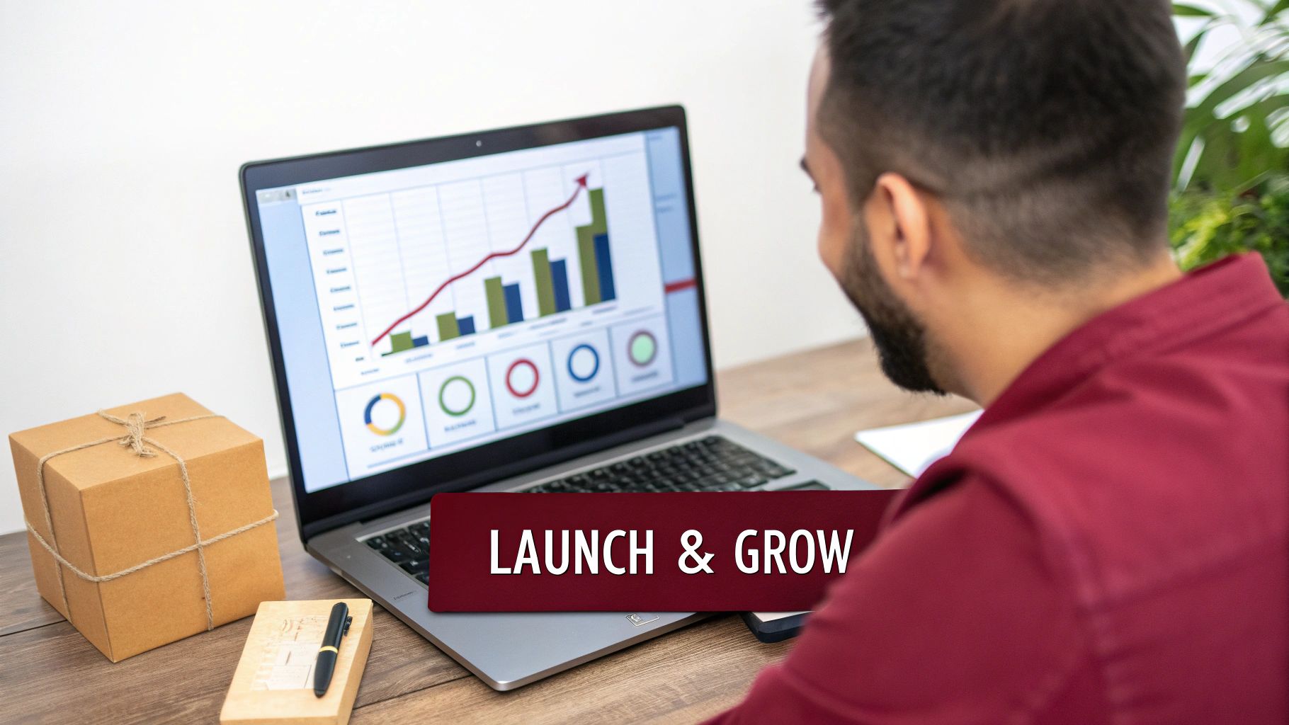 Man observing a laptop displaying business growth charts and graphs, with 'LAUNCH & GROW' banner.
