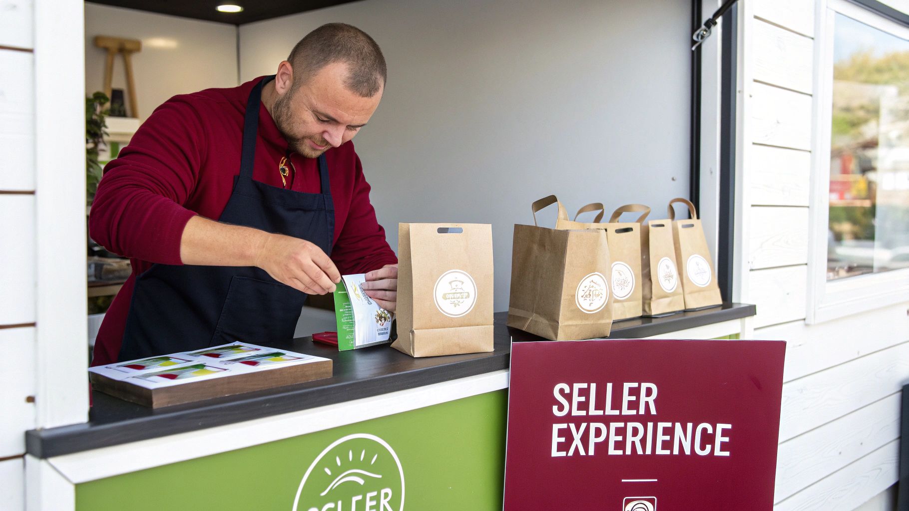 A male vendor in a red shirt and black apron carefully packages a product at a market stall.