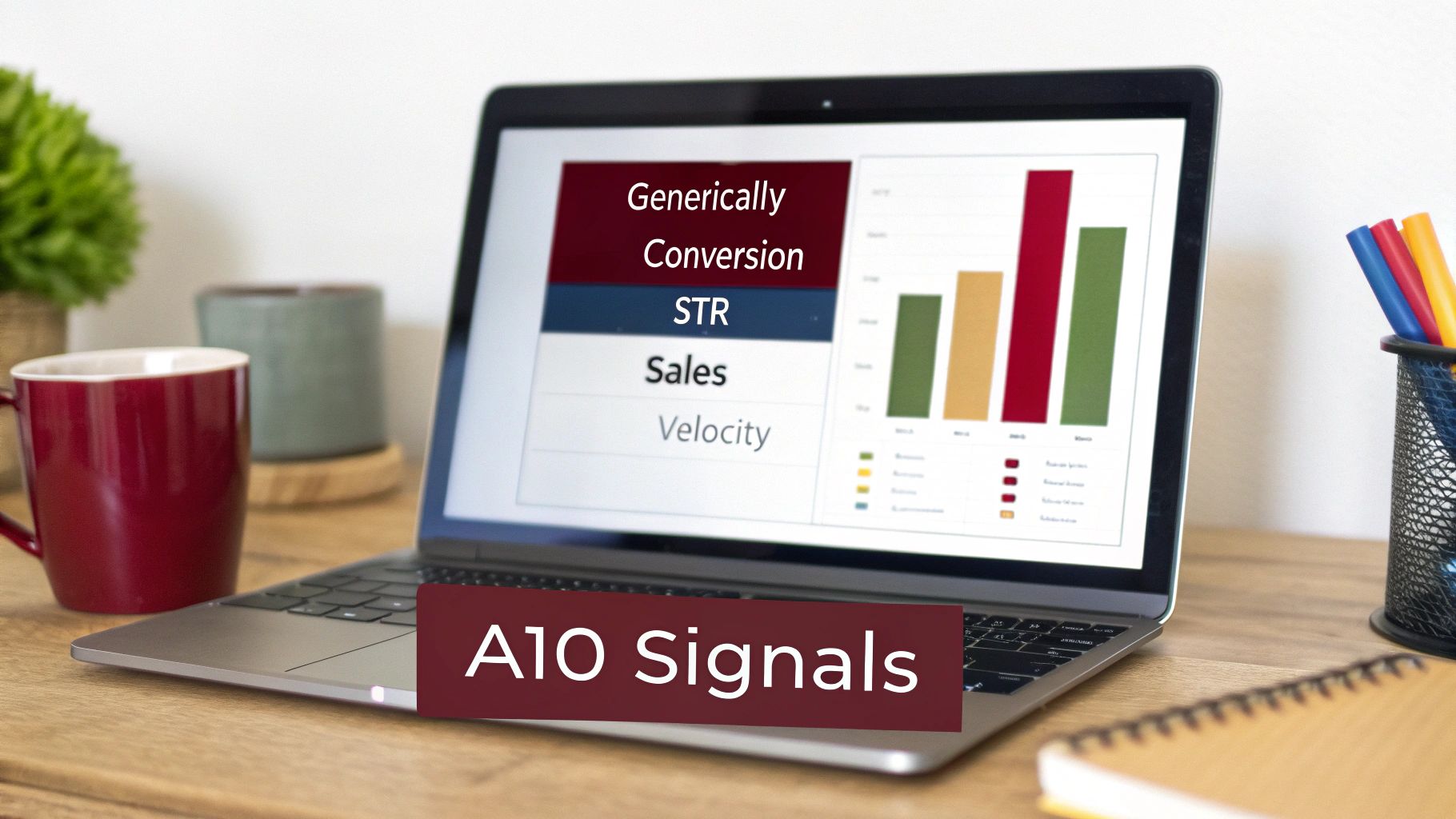 A laptop displays business metrics including conversion, sales, and a bar chart on a wooden desk.