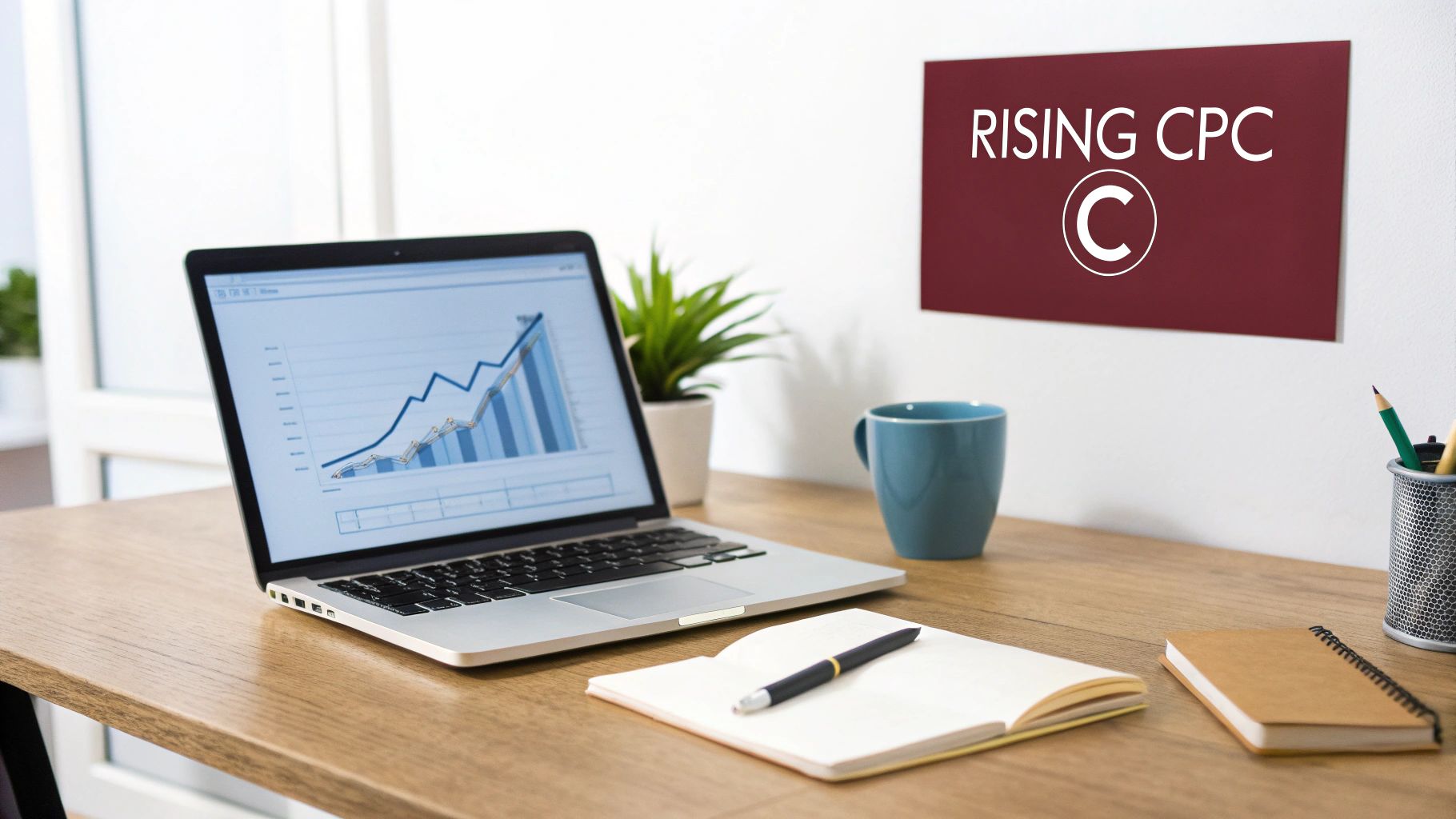 A laptop on a wooden desk displays a rising graph, with a 'Rising CPC' sign on the wall.
