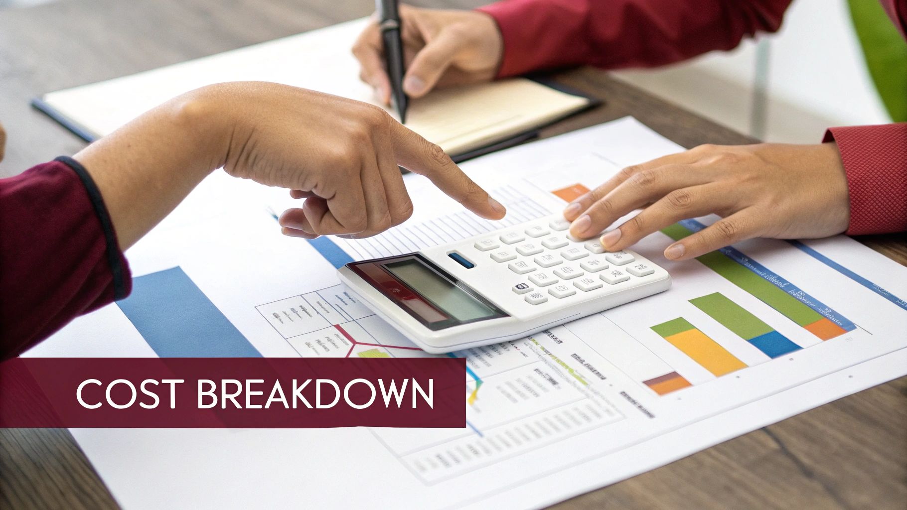 A magnifying glass hovering over a calculator and financial documents, symbolizing a close inspection of costs.