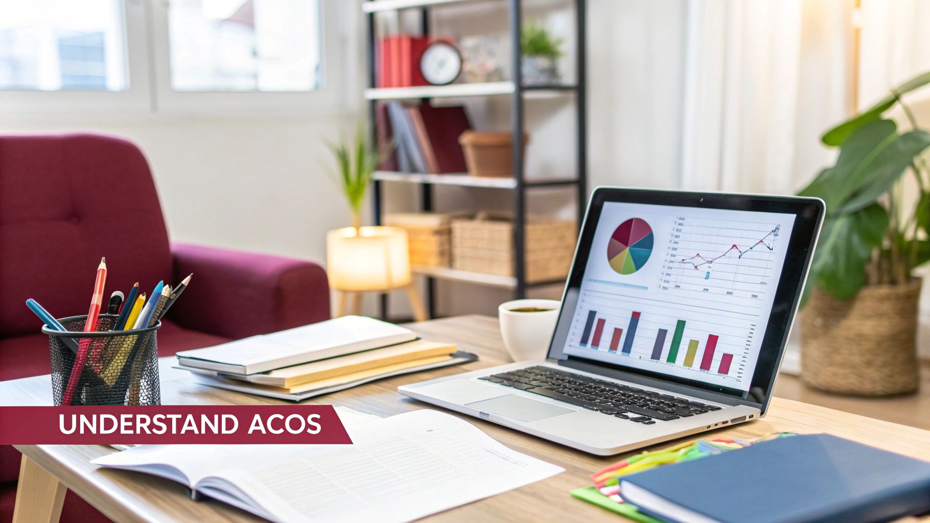A magnifying glass focusing on the acronym 'ACoS' on a digital screen, representing the focus on this key advertising metric.