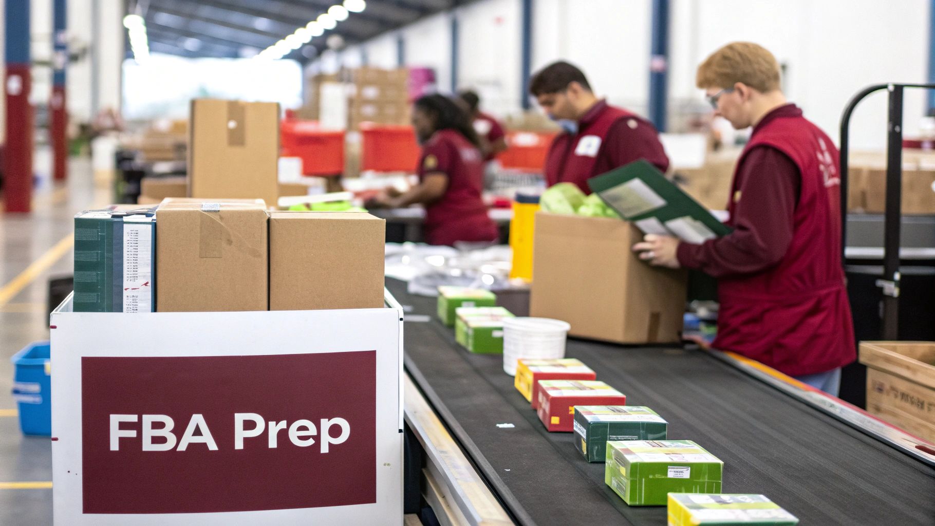 Two people inspecting boxes in a warehouse, preparing them for Amazon FBA shipment