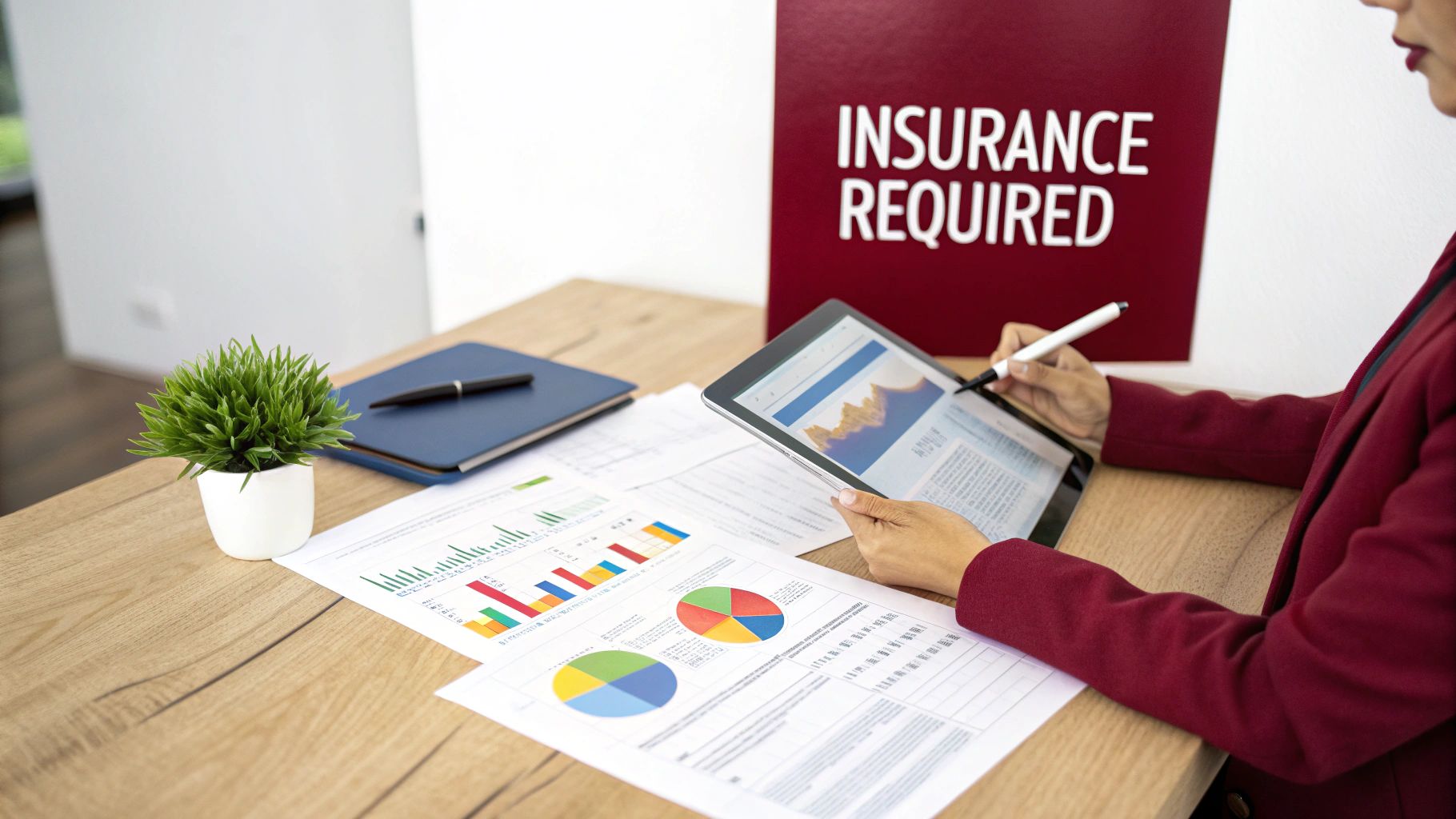 A person reviews insurance documents on a tablet, with charts and a sign saying 'Insurance Required'.