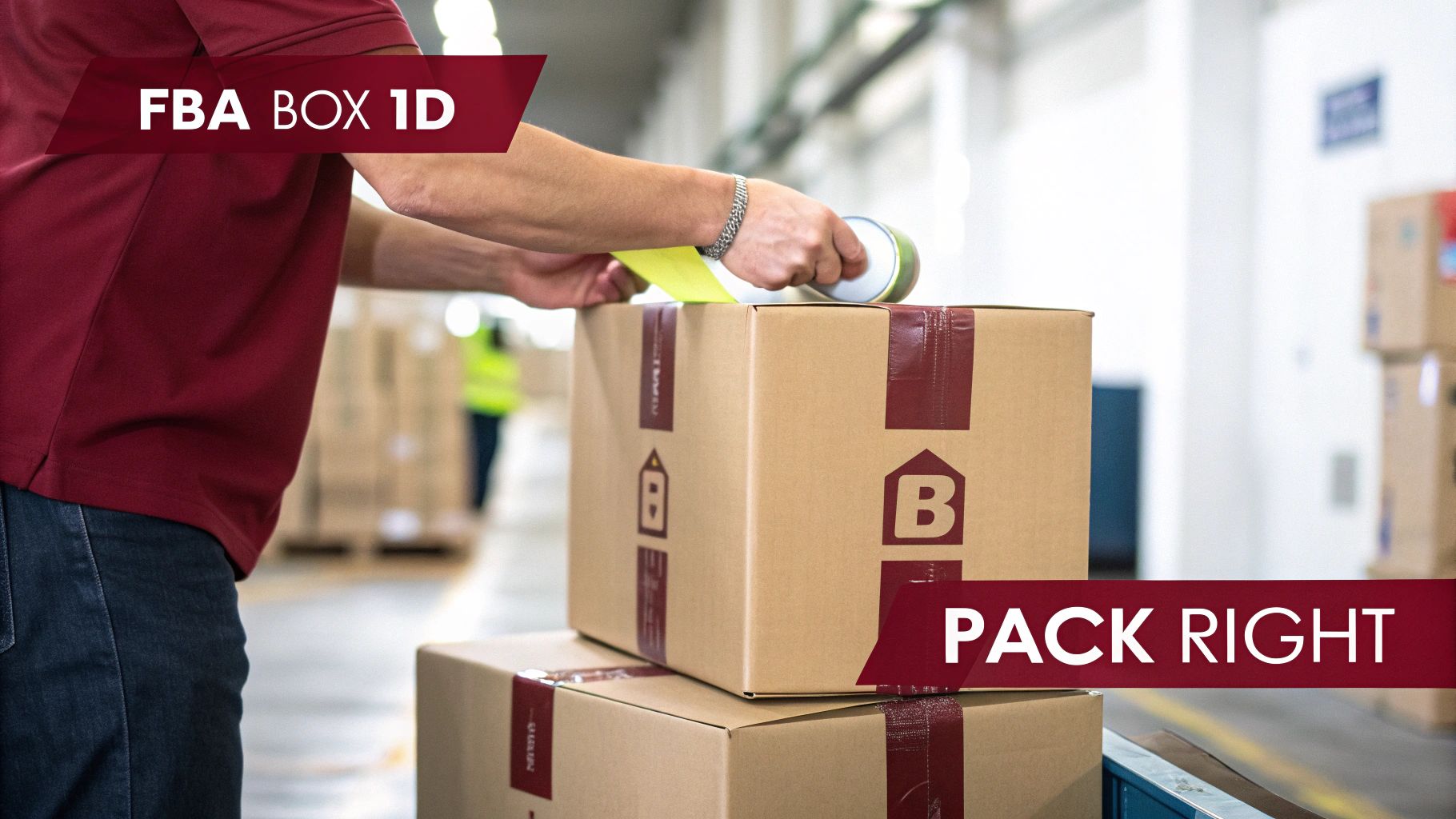 A shipping box being sealed and labeled, ready for sending to an Amazon fulfillment center.