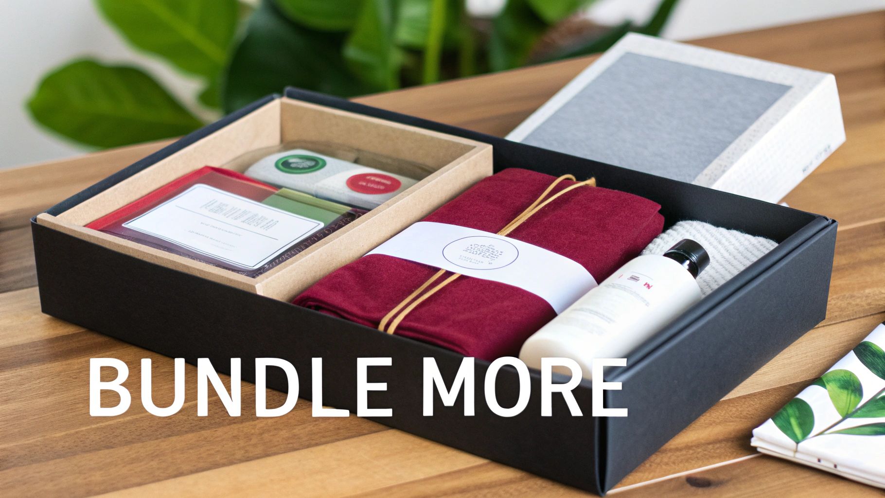A thoughtfully arranged product bundle in a black box with burgundy fabric, a bottle, and small items on a wooden table.