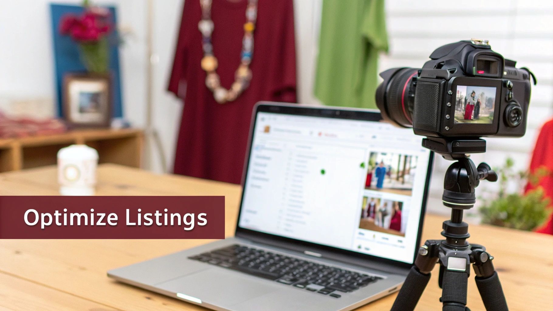 Home studio setup with a camera on a tripod and a laptop for e-commerce listing optimization.