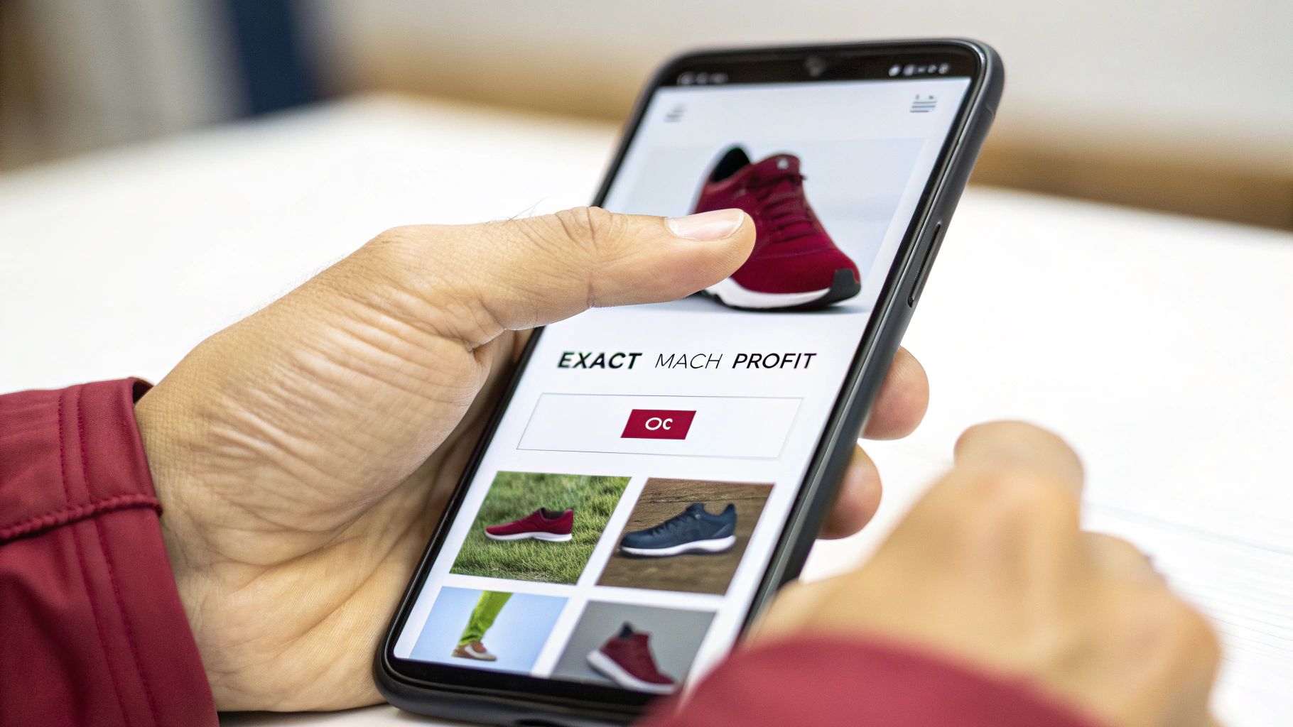 Close-up of hands holding a smartphone displaying an online shop for sports shoes.