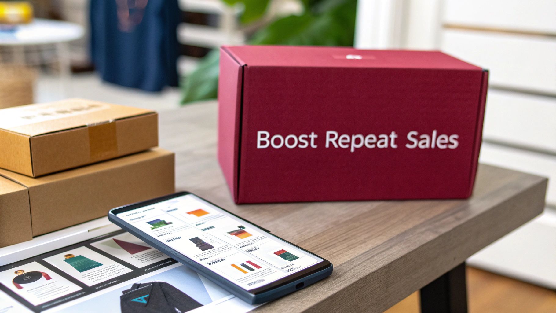 A red box with 'Boost Repeat Sales' sits on a desk next to a smartphone displaying products and shipping boxes.