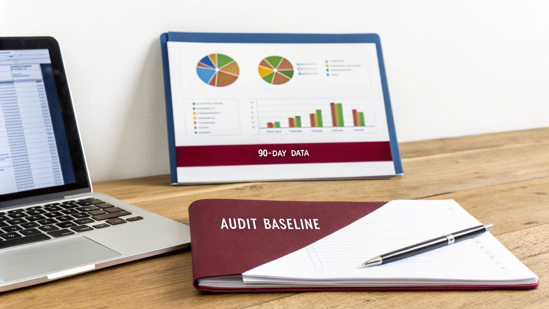 A workspace with a laptop, charts showing 90-day data, and an audit baseline notebook with a pen.