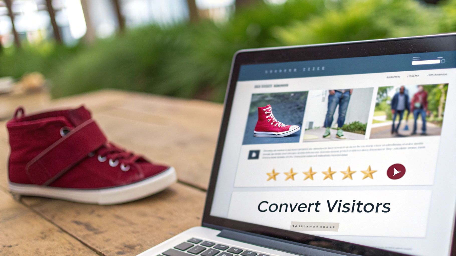 A graphic showing a customer journey from website visit to purchase, with icons representing reviews, special offers, and a call-to-action button.