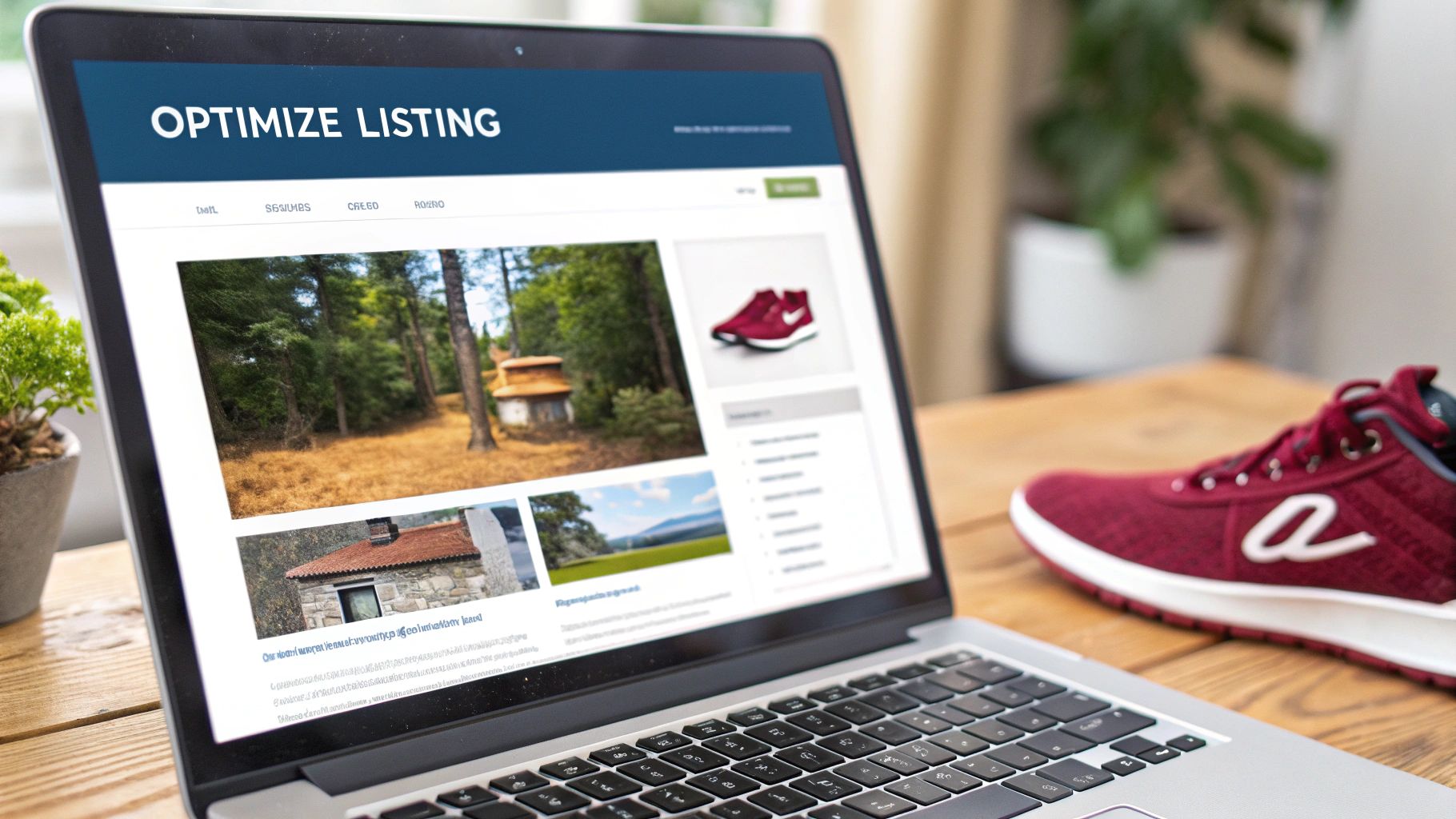 A person optimizing an Amazon product listing on a laptop, with visual elements like images and bullet points highlighted.