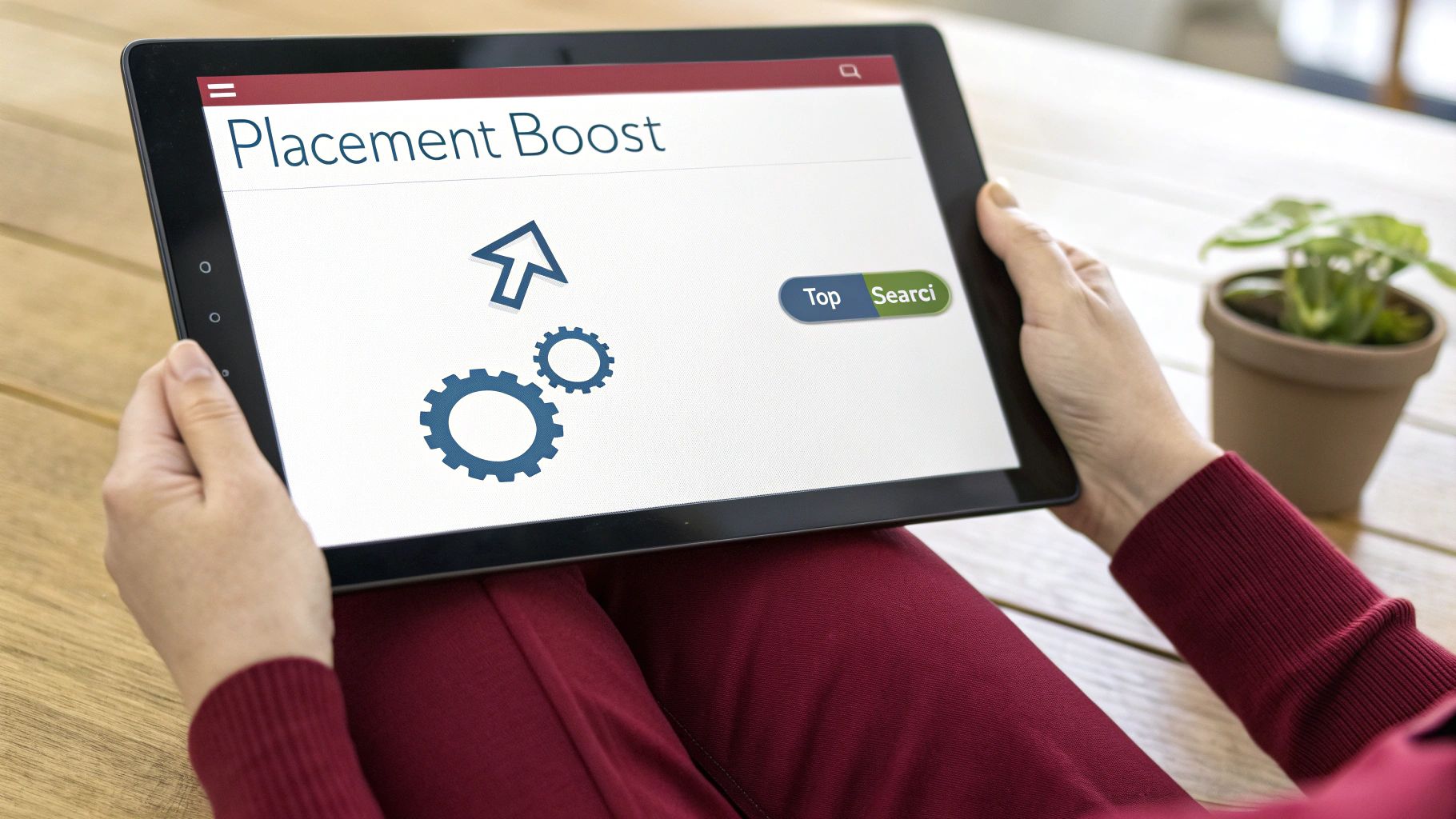 Hands holding a tablet showing 'Placement Boost', a mouse pointer, and gear icons, with 'Top' and 'Search' buttons.