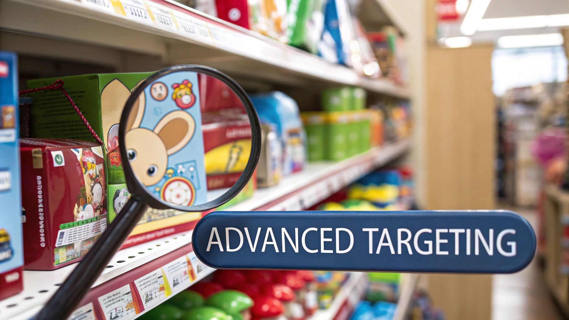 A magnifying glass focuses on a bunny-themed box on a store shelf, representing advanced product targeting.