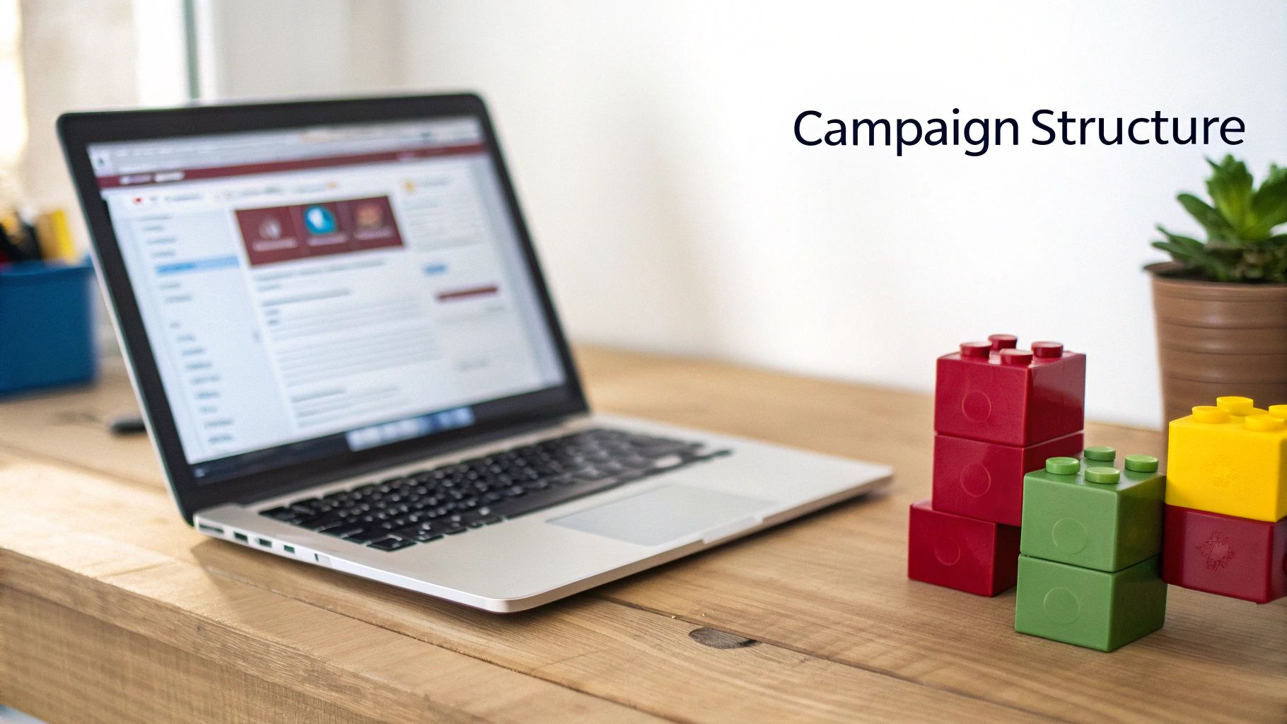 A laptop on a wooden desk with colorful building blocks, a plant, and 'Campaign Structure' text.