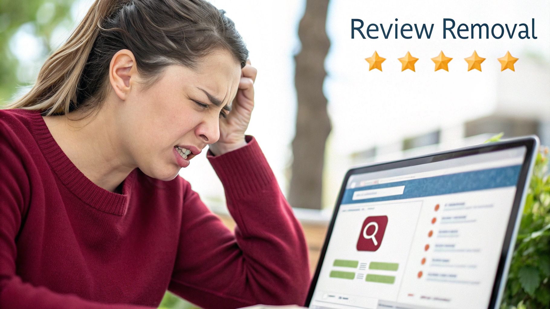 A person pointing at an Amazon product review on a laptop screen, deciding whether to report it.
