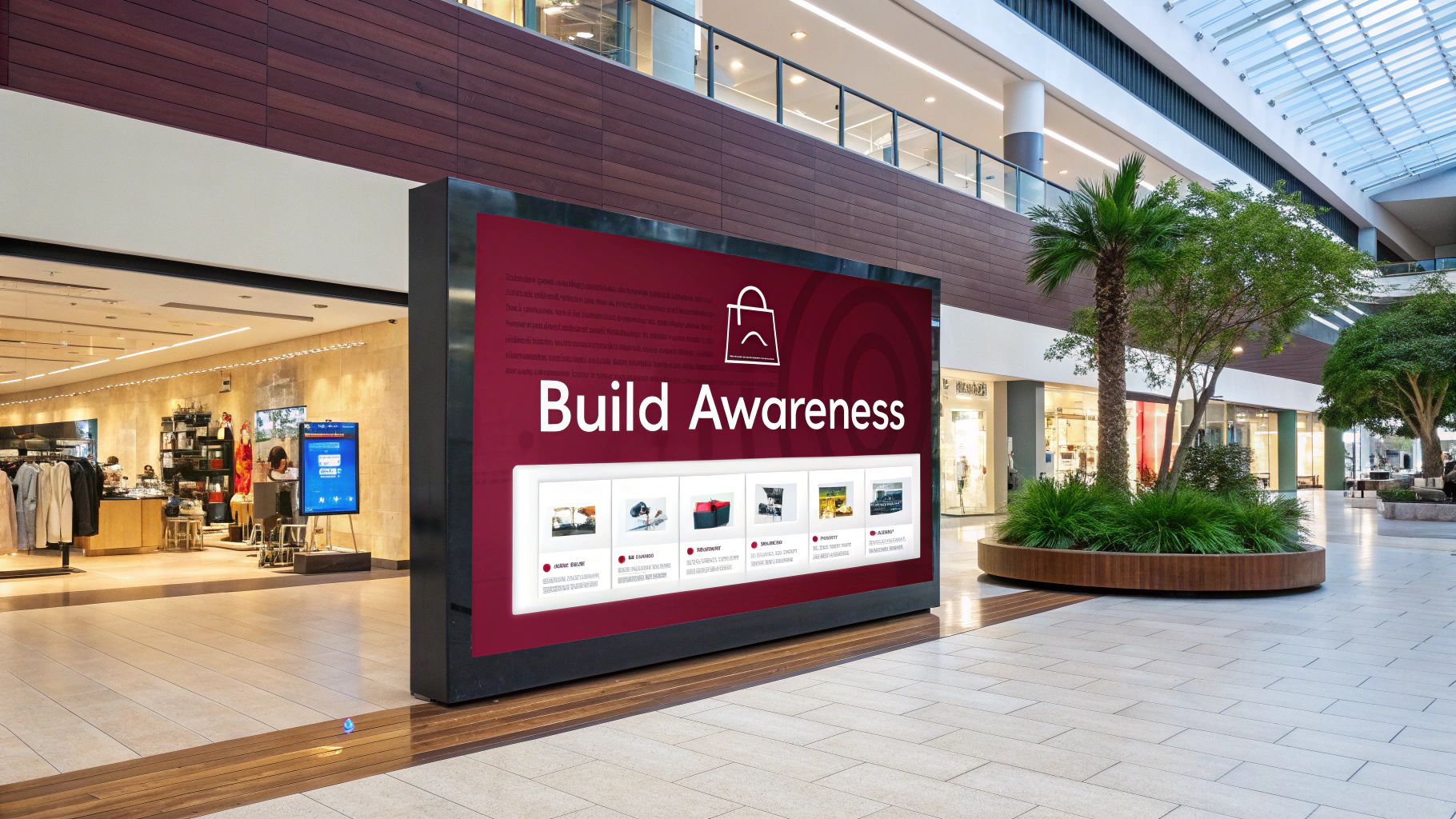 A large digital billboard in a modern shopping mall displaying 'Build Awareness' with product images.