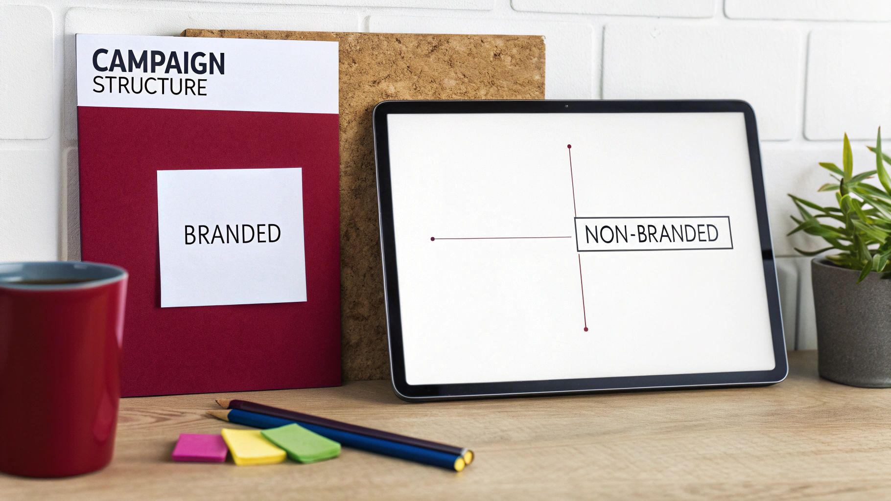 Desk setup with a 'Campaign Structure' binder, 'Branded' note, and tablet showing 'Non-Branded' strategy.