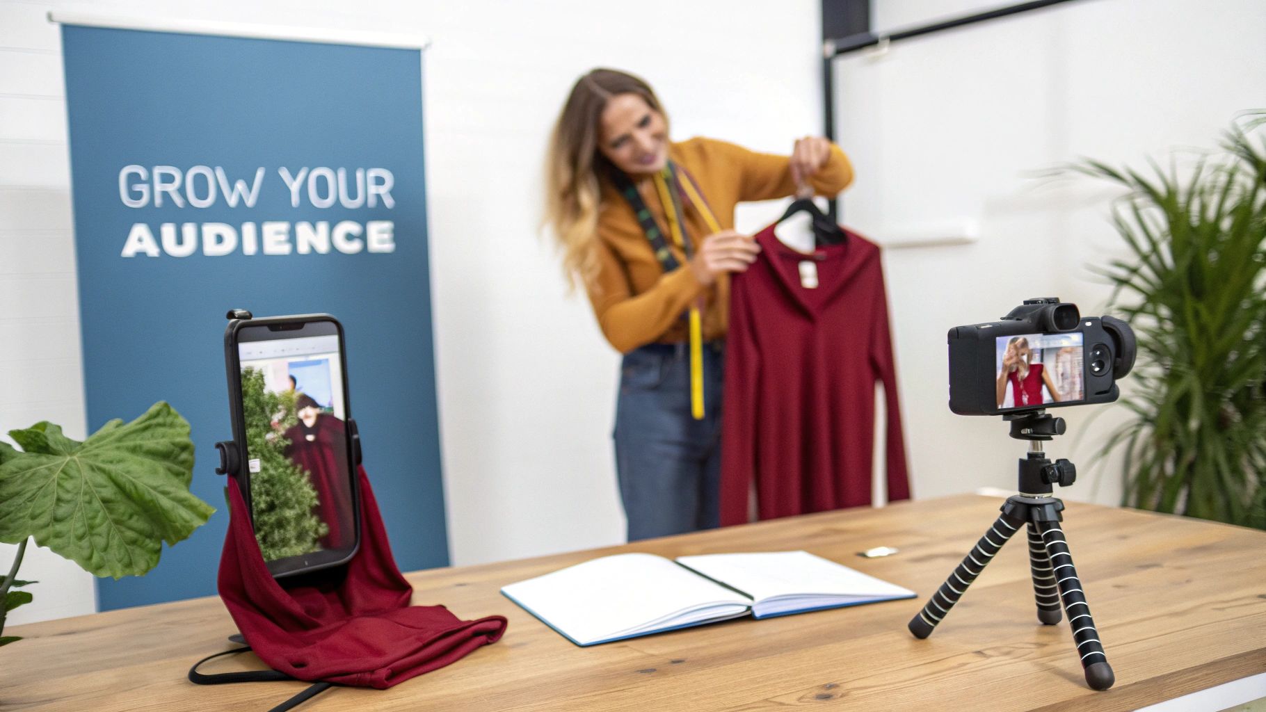 A person taking a photo of clothing with their smartphone for a social media post.